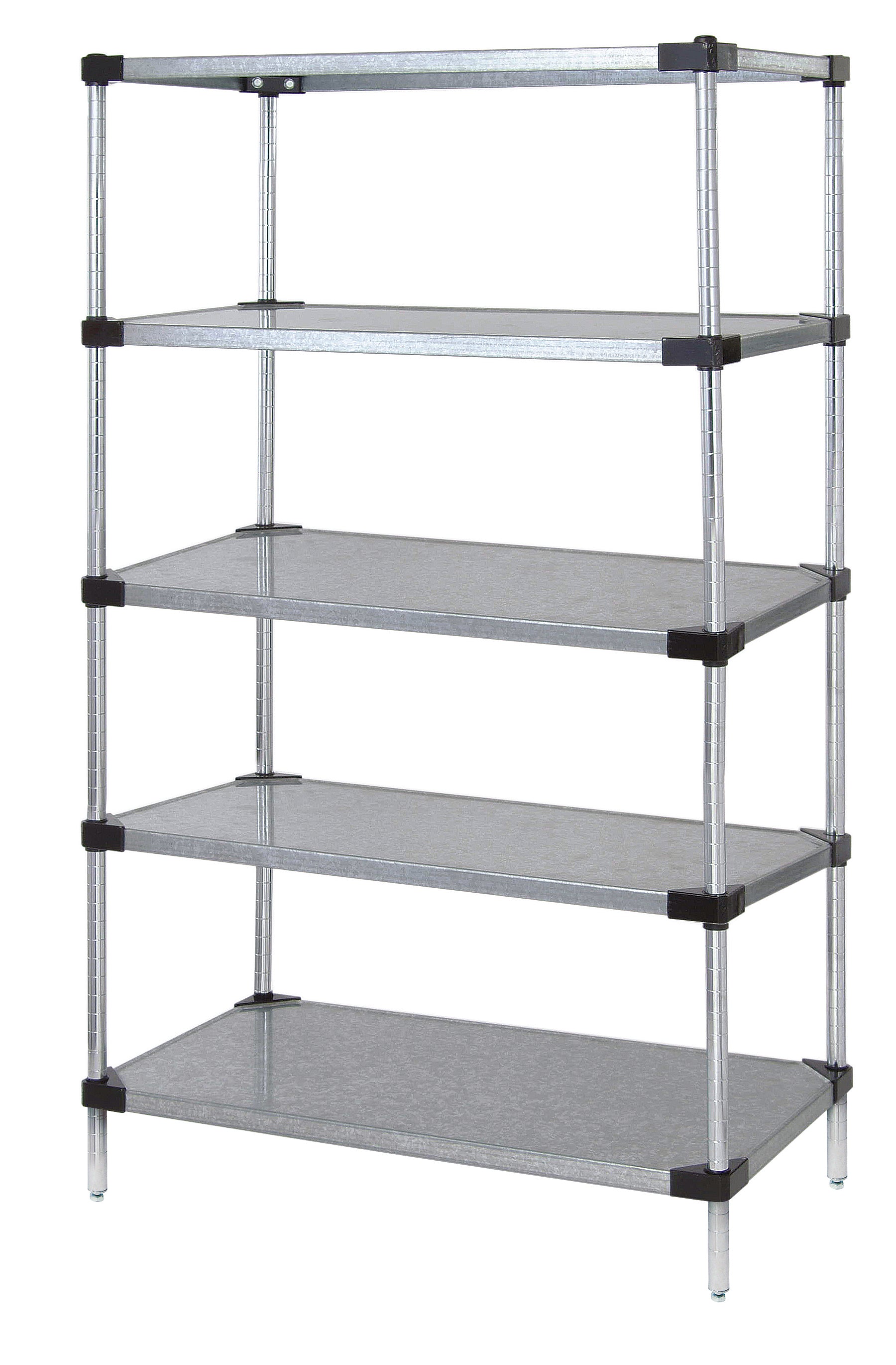 Solid Shelving Starter Kit, 72"W x 24"D x 63"H, includes (5) solid shelves and (4) posts with pre-inserted leveler, galvanized steel and chrome posts finish, NSF, shipped KD
