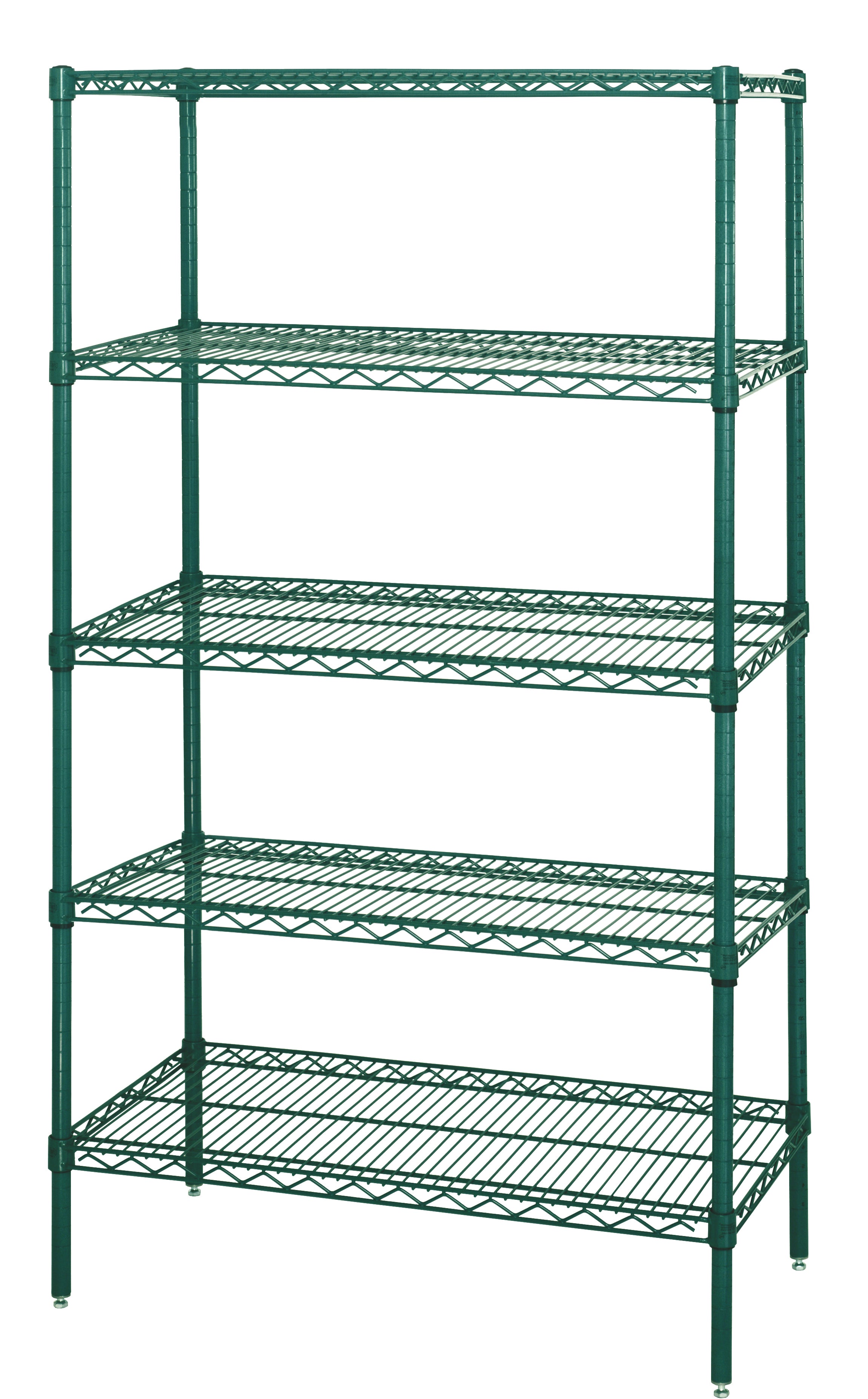 Wire Shelving Starter Kit, 72"W x 36"D x 63"H, 600 - 800 lb. capacity, includes (5) wire shelves and (4) posts, green epoxy antimicrobial finish, NSF, shipped KD