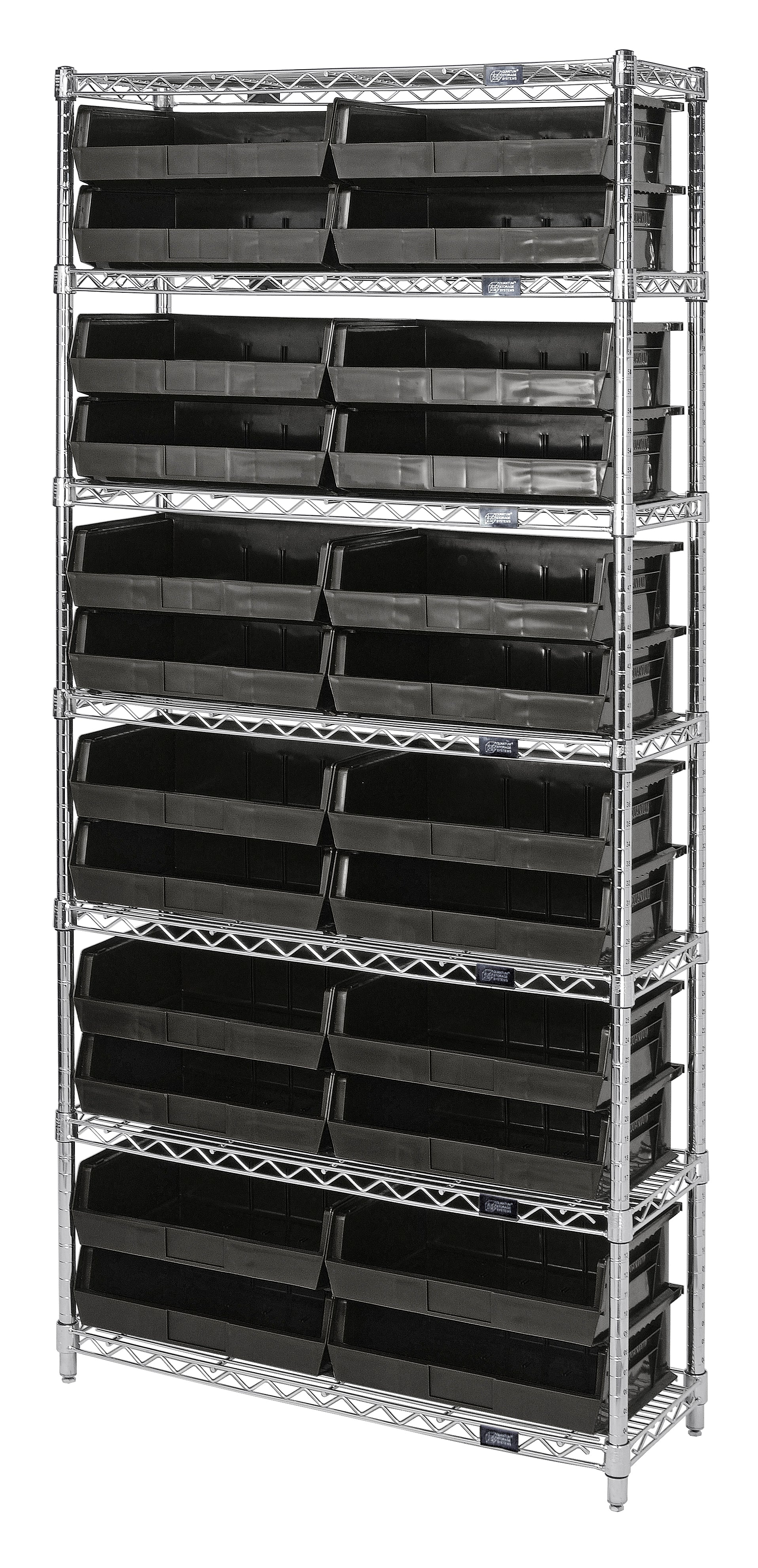 Wire Shelving Container System, 36"W x 18"D x 74"H, 800 lb. capacity, includes: (7) wire shelves, (4) 74"H posts, and (18) QUS255 black bins, chrome plated finish, shipped KD