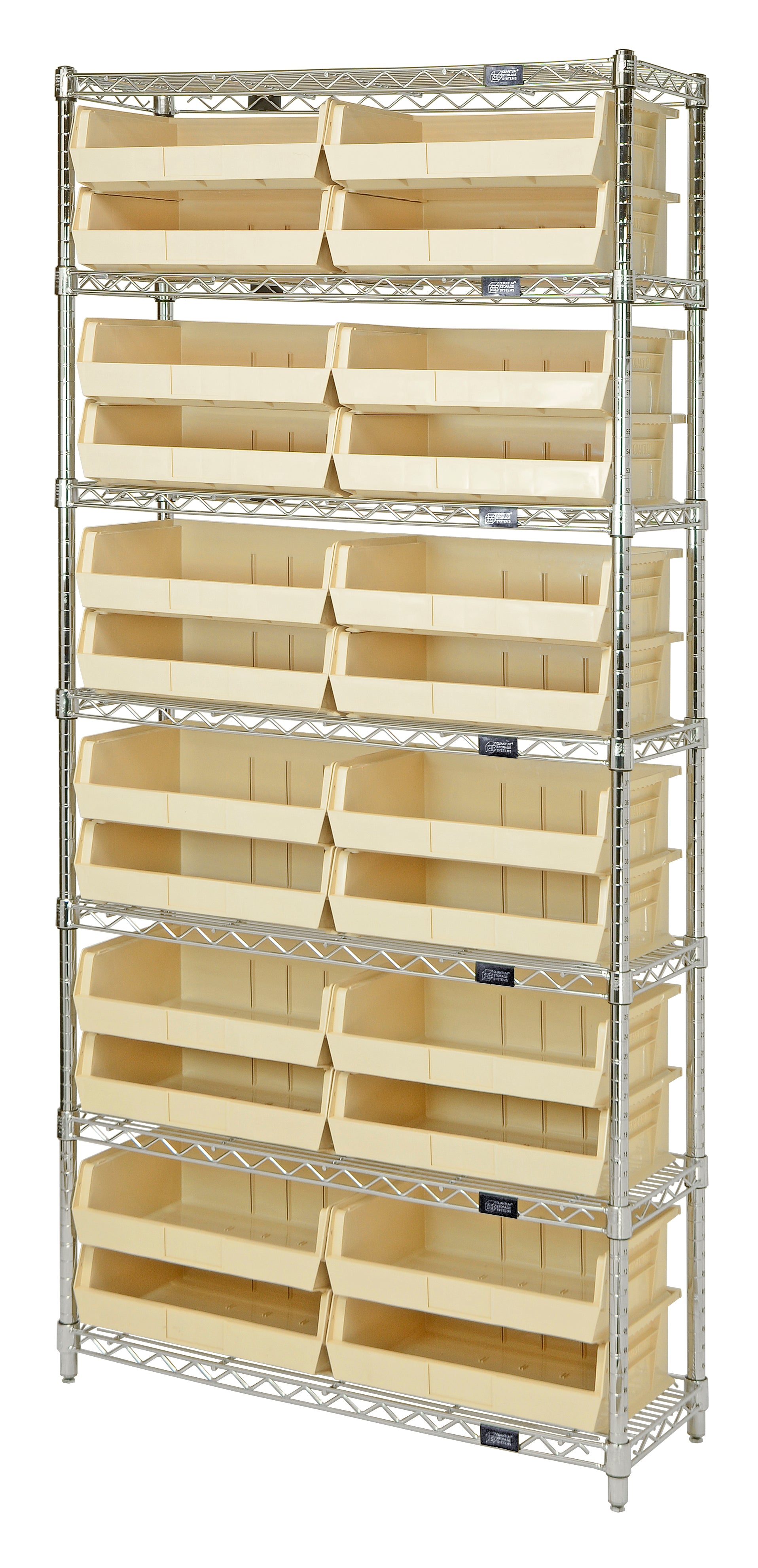 Wire Shelving Container System, 36"W x 18"D x 74"H, 800 lb. capacity, includes: (7) wire shelves, (4) 74"H posts, and (18) QUS255 ivory bins, chrome plated finish, shipped KD