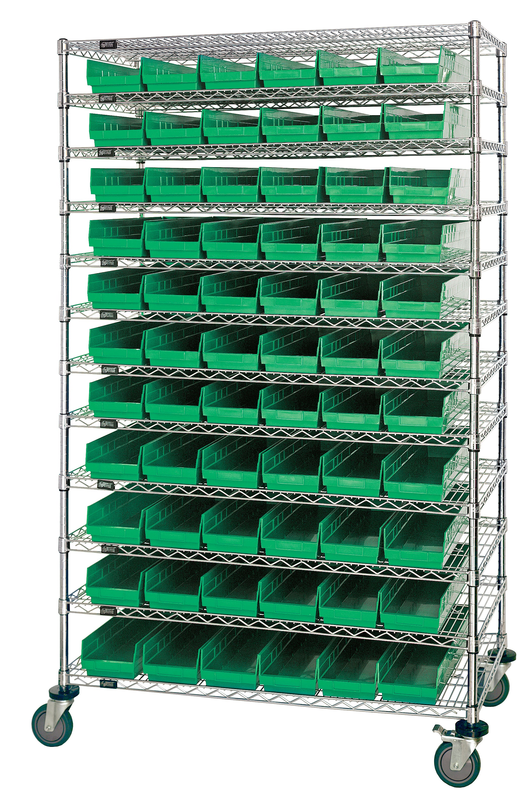 Bin Wire Shelving System, 72"L x 12"D x 74"H, 800 lbs load capacity per shelf, includes: (12) shelves and (110) QSB102 green bins, chrome plated finish, shipped KD
