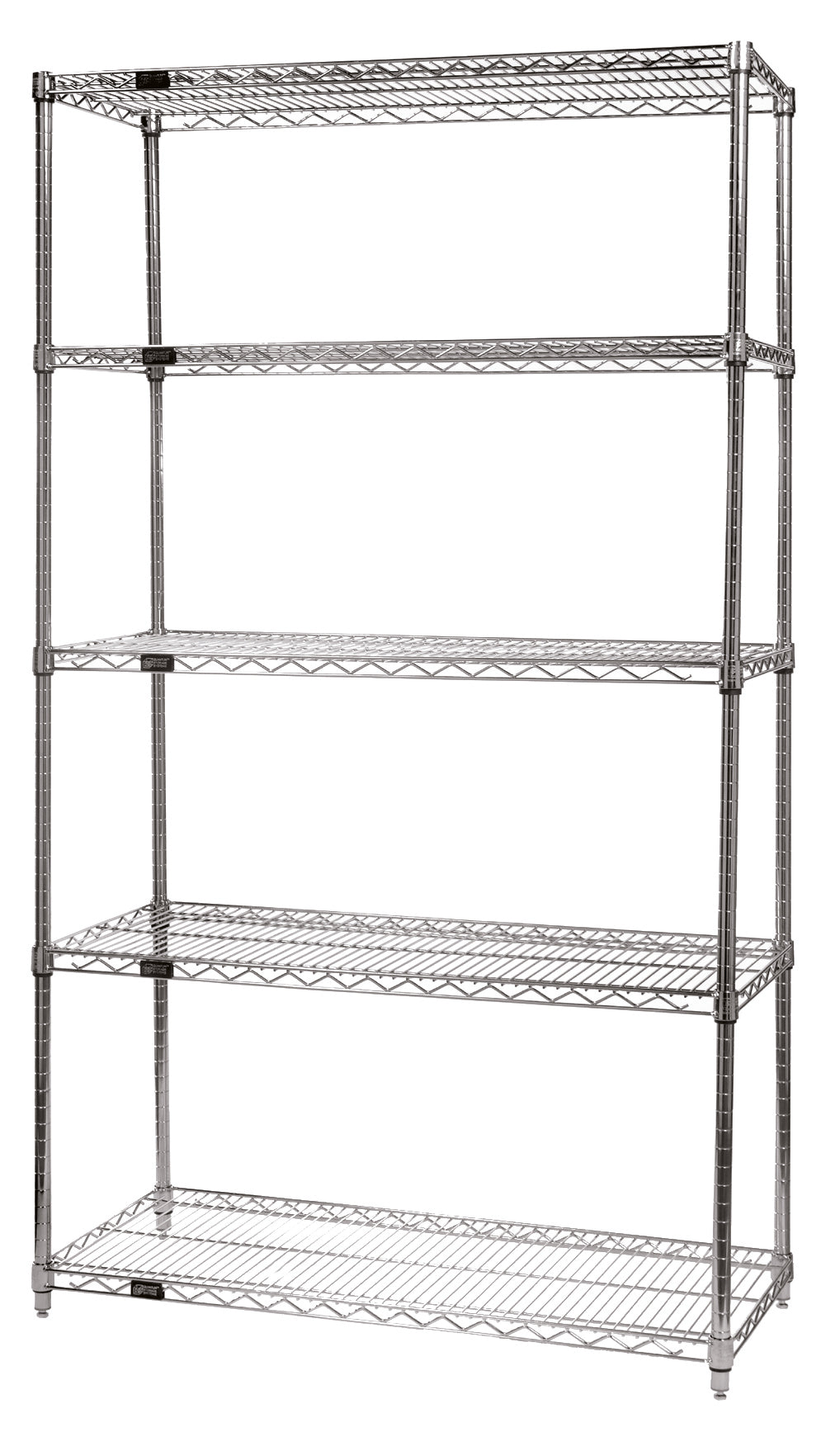 Wire Shelving Starter Kit, 24"W x 14"D x 74"H, 600 - 800 lb. capacity, includes (5) wire shelves and (4) posts with pre-inserted leveler, chrome plated finish, NSF, shipped KD
