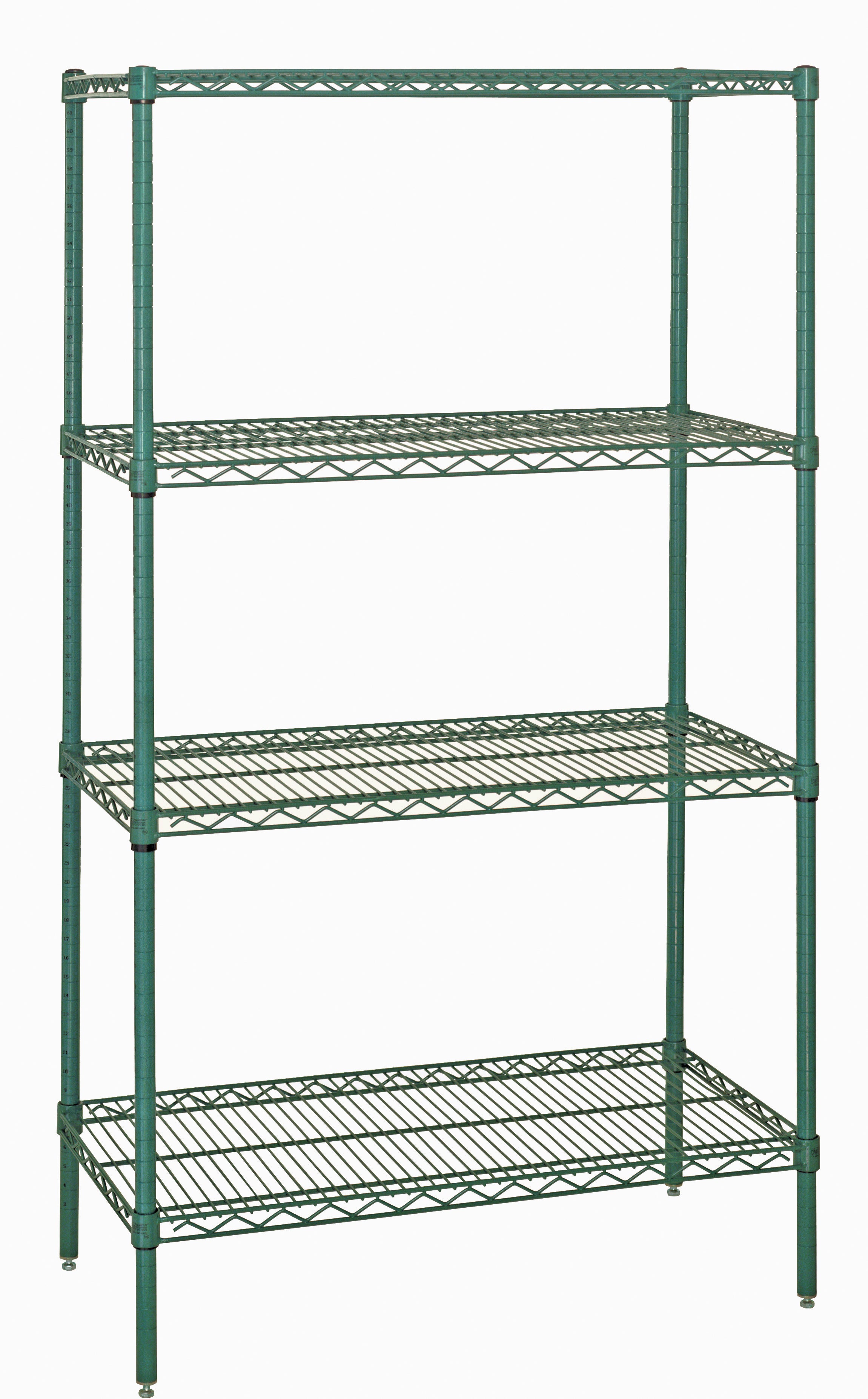 Wire Shelving Starter Kit, 54"W x 14"D x 74"H, 600 - 800 lb. capacity, includes (4) wire shelves and (4) posts with pre-inserted leveler, green epoxy antimicrobial finish, NSF, shipped KD