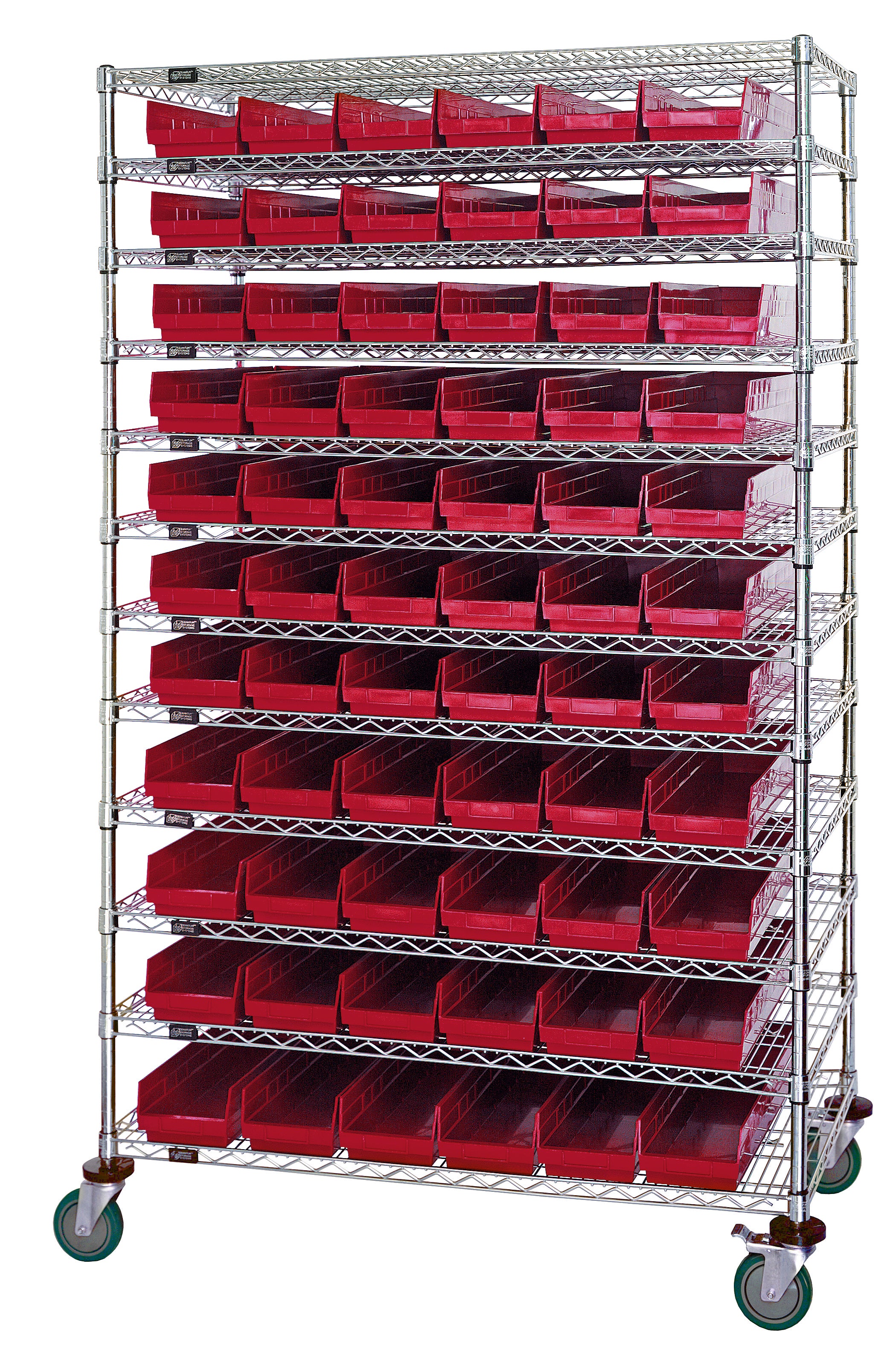 Bin Wire Shelving System, 72"L x 18"D x 74"H, 600 lbs load capacity per shelf, includes: (12) shelves, (180) QSB103 red bins, chrome plated finish, shipped KD