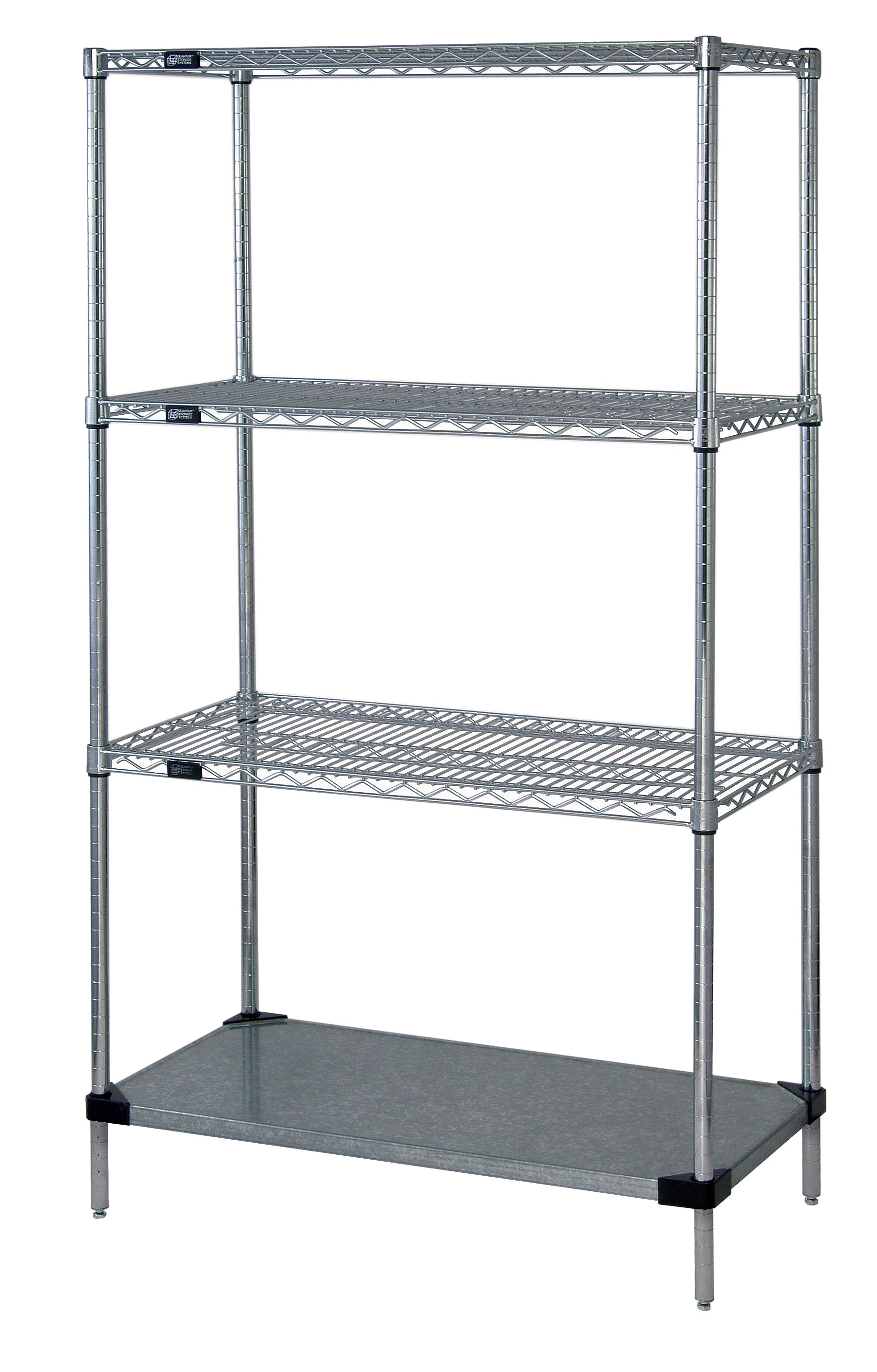 Wire Shelving Starter Kit, 48"W x 24"D x 74"H, 600 - 800 lb. capacity, includes (4) wire shelves, (1) solid shelf, (4) posts, and label holders chrome plated finish, NSF, shipped KD