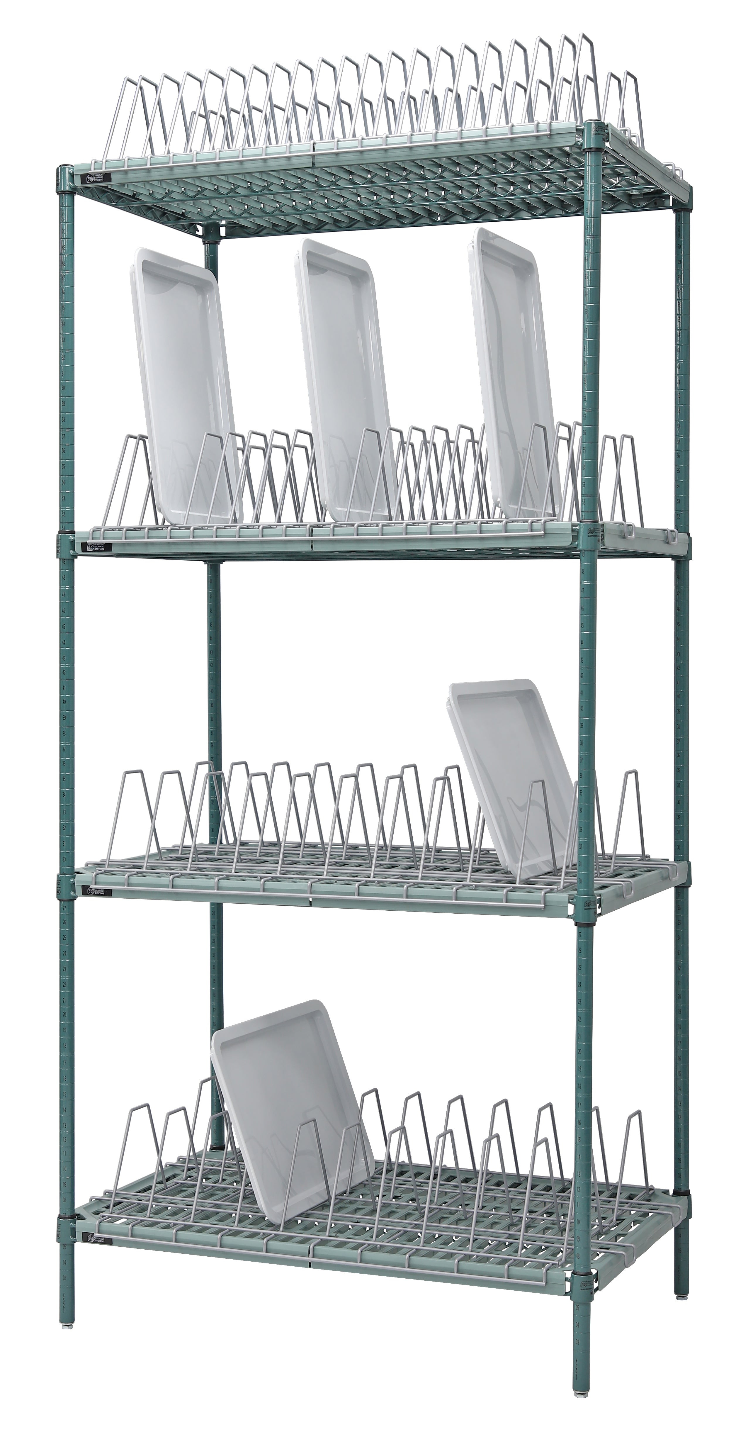 Wire Plastic Mat Drying Rack Unit, stationary, 4-tier, 48"W x 24"D x 74"H, 600-800 lb. max weight, includes: (4) plastic wire mats, (1) TDR24481GY, (2) TDR24483GY, and (4) posts, green epoxy antimicrobial coating, NSF, KD