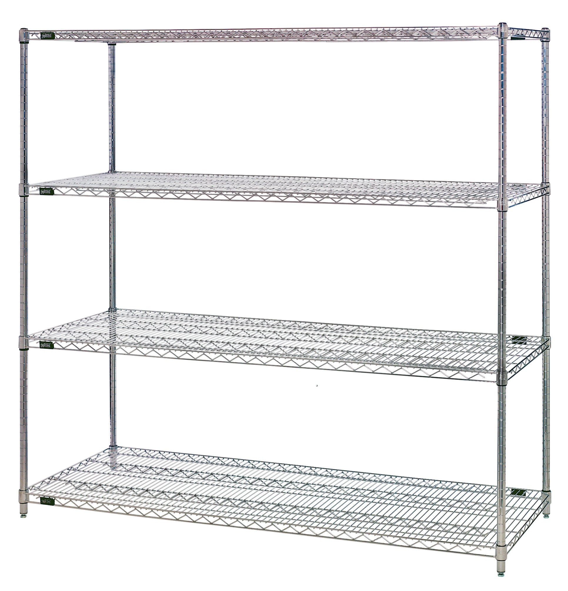 Wire Shelving Starter Kit, 60"W x 24"D x 74"H, 600 - 800 lb. capacity, includes (4) wire shelves and (4) posts with pre-inserted leveler, chrome plated finish, NSF, shipped KD