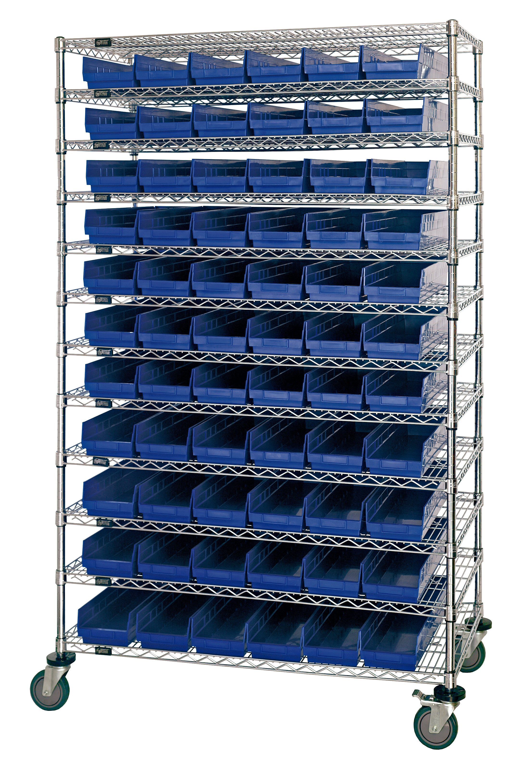 Bin Wire Shelving System, 72"W x 24"D x 74"H, 600 lbs load capacity per shelf, includes: (12) shelves and (176) QSB105 blue bins, chrome plated finish, shipped KD