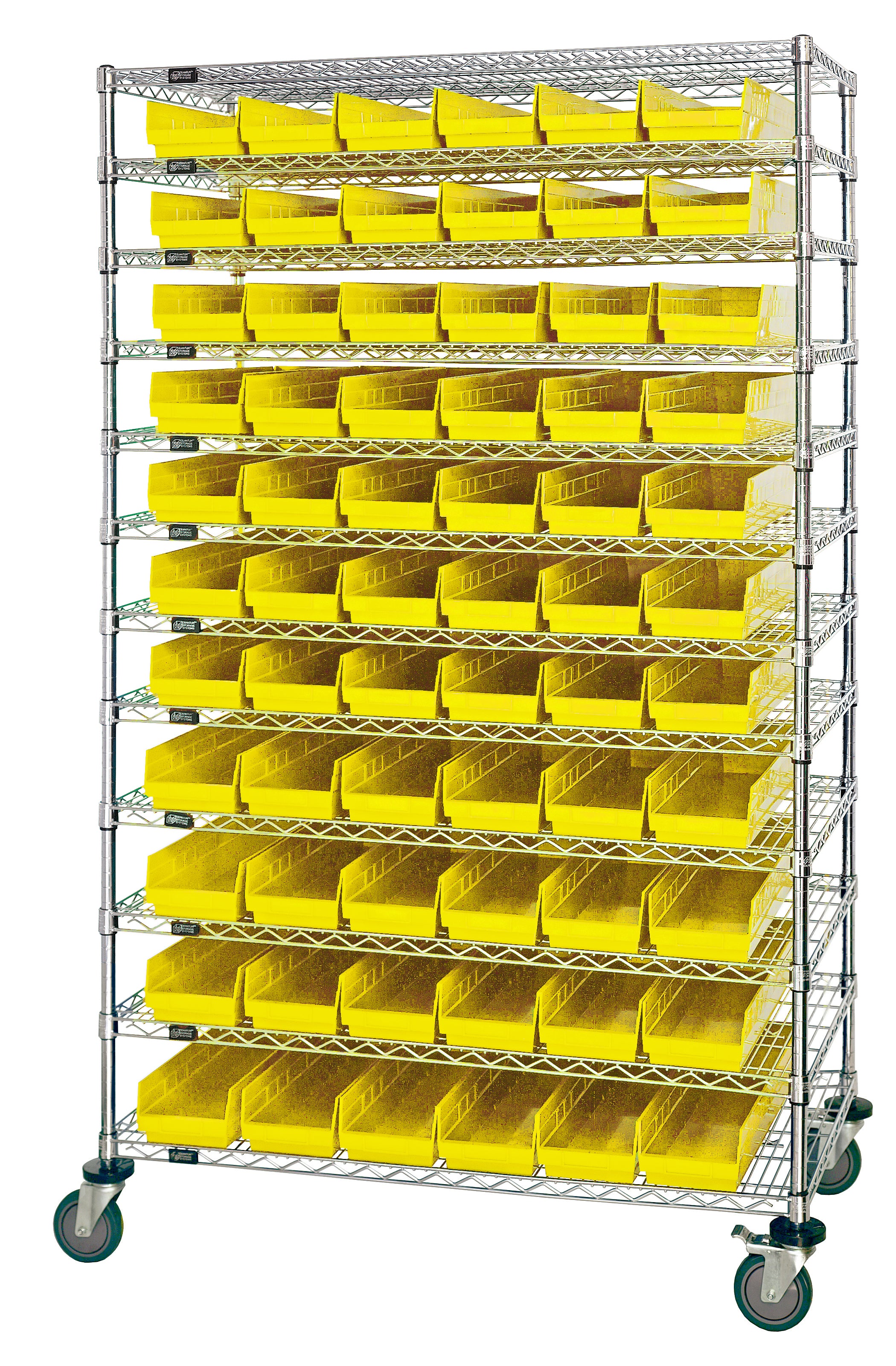 Bin Wire Shelving System, 72"W x 24"D x 74"H, 600 lbs load capacity per shelf, includes: (12) shelves and (176) QSB105 yellow bins, chrome plated finish, shipped KD