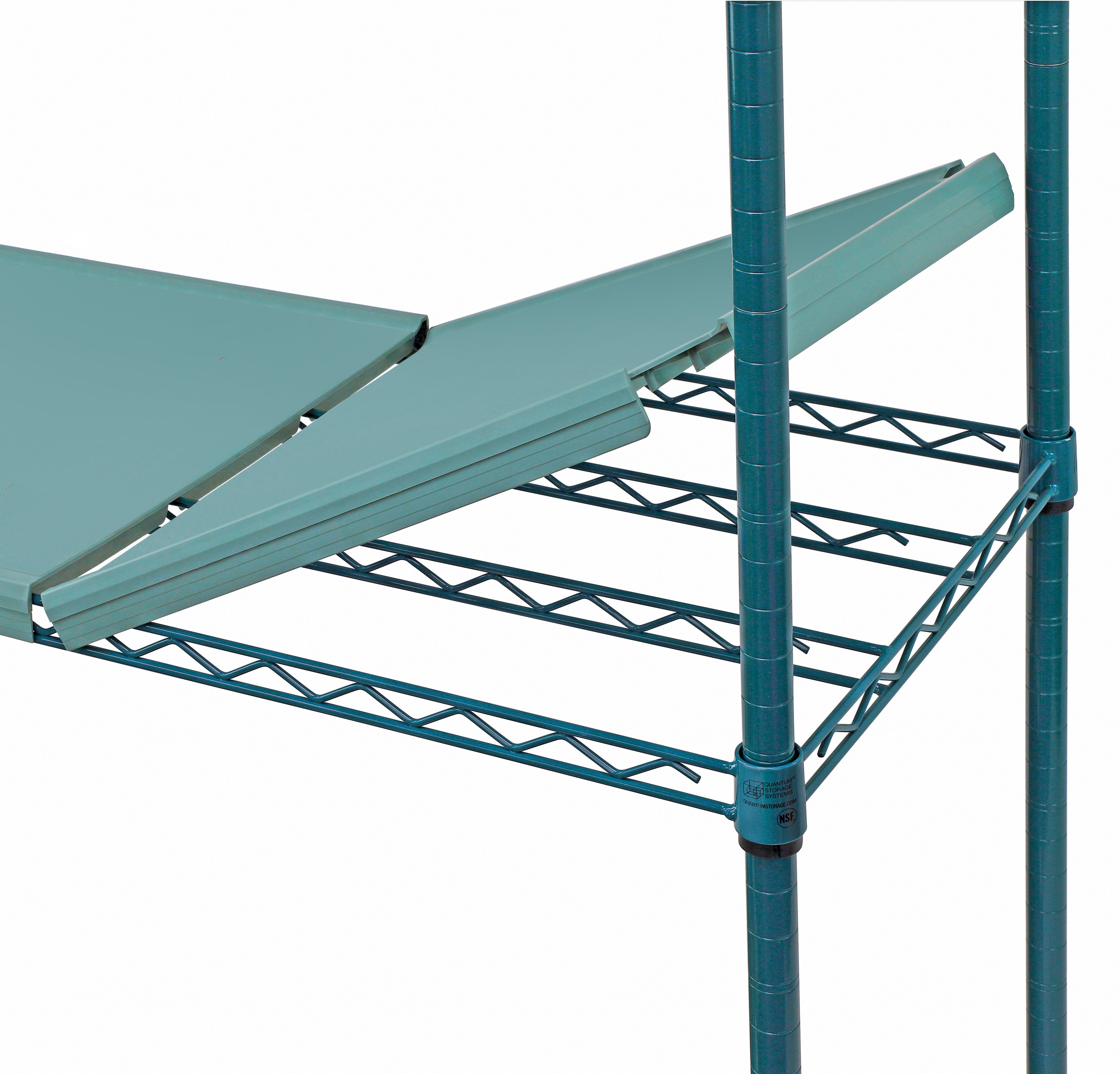 Wire Plastic Mat Solid Shelving Unit, stationary, 4-tier, 72"W x 24"D x 74"H overall size, 600-800 lb. max weight, includes, (4) solid plastic wire mats, (4) wire frames, (4) posts, and packs of split sleeves, green epoxy antimicrobial coating, NSF, KD
