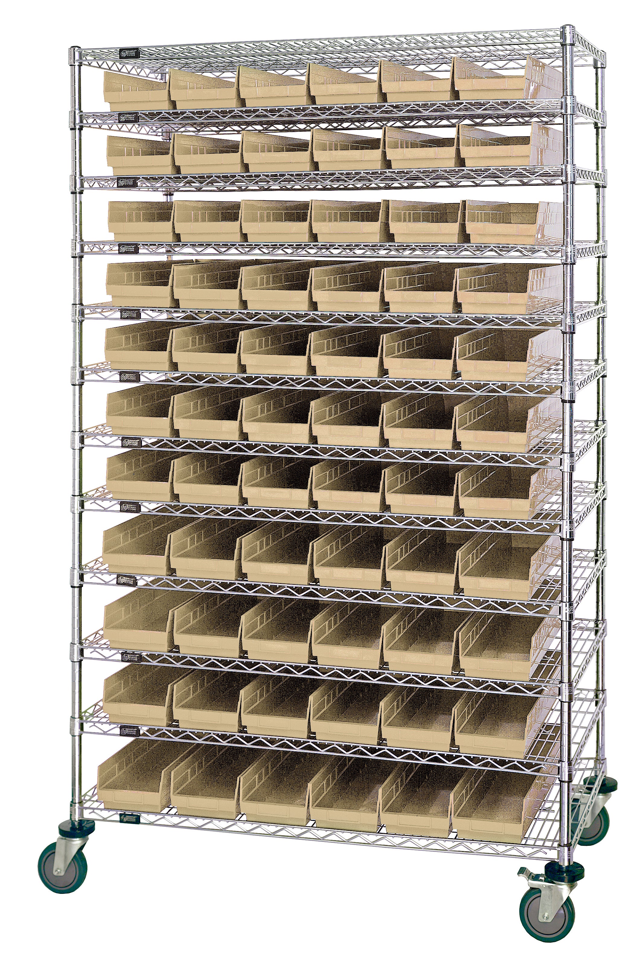 Bin Wire Shelving System, 72"W x 24"D x 74"H, 600 lbs load capacity per shelf, includes: (12) shelves, (80) QSB105 and (62) QSB106 ivory bins, chrome plated finish, shipped KD