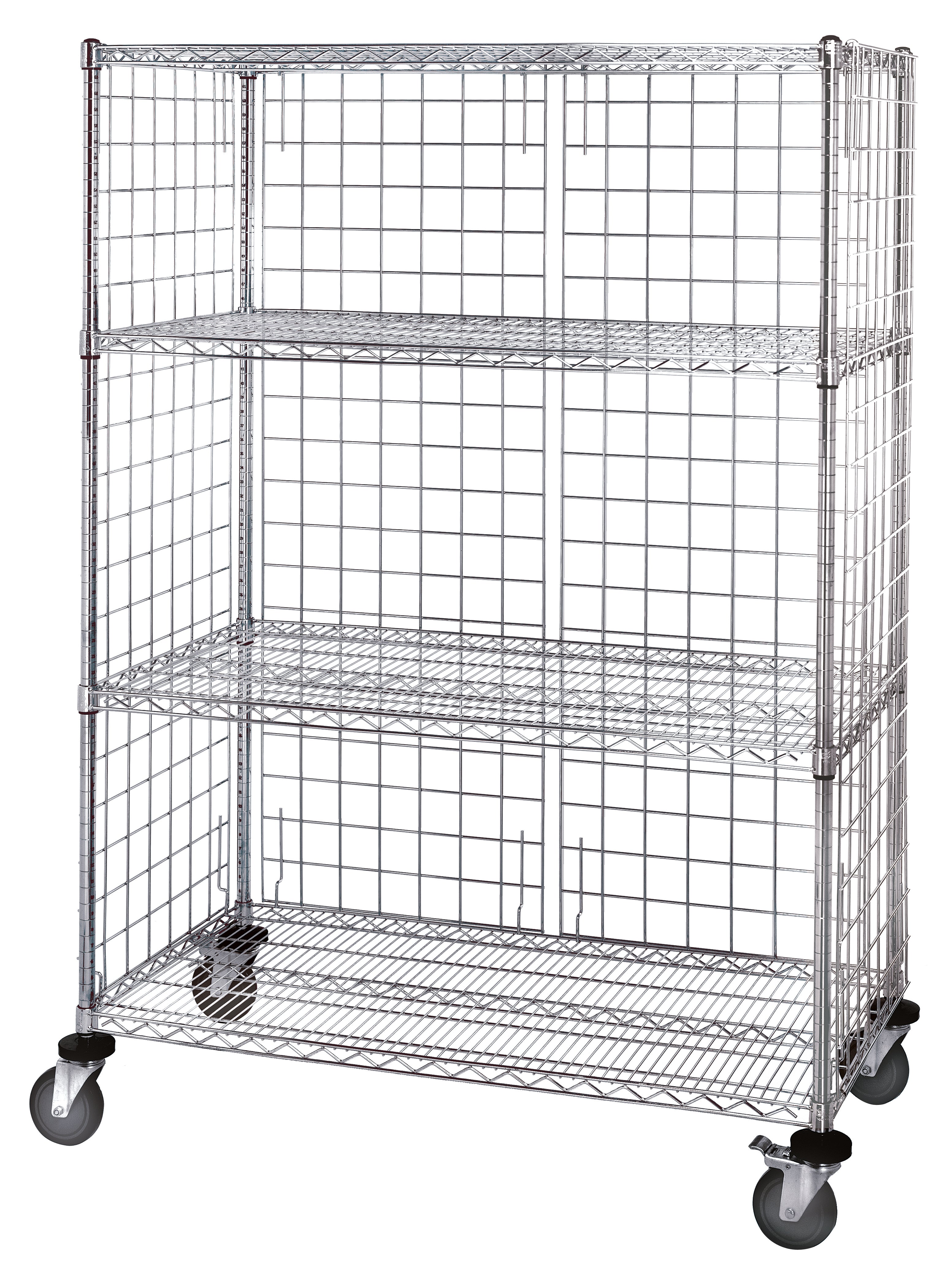 Wire Shelving Starter Kit, 48"W x 30"D x 74"H, 600 - 800 lb. capacity, includes: (4) wire shelves, (4) posts, and modular enclosure panels, chrome plated finish, NSF, shipped KD