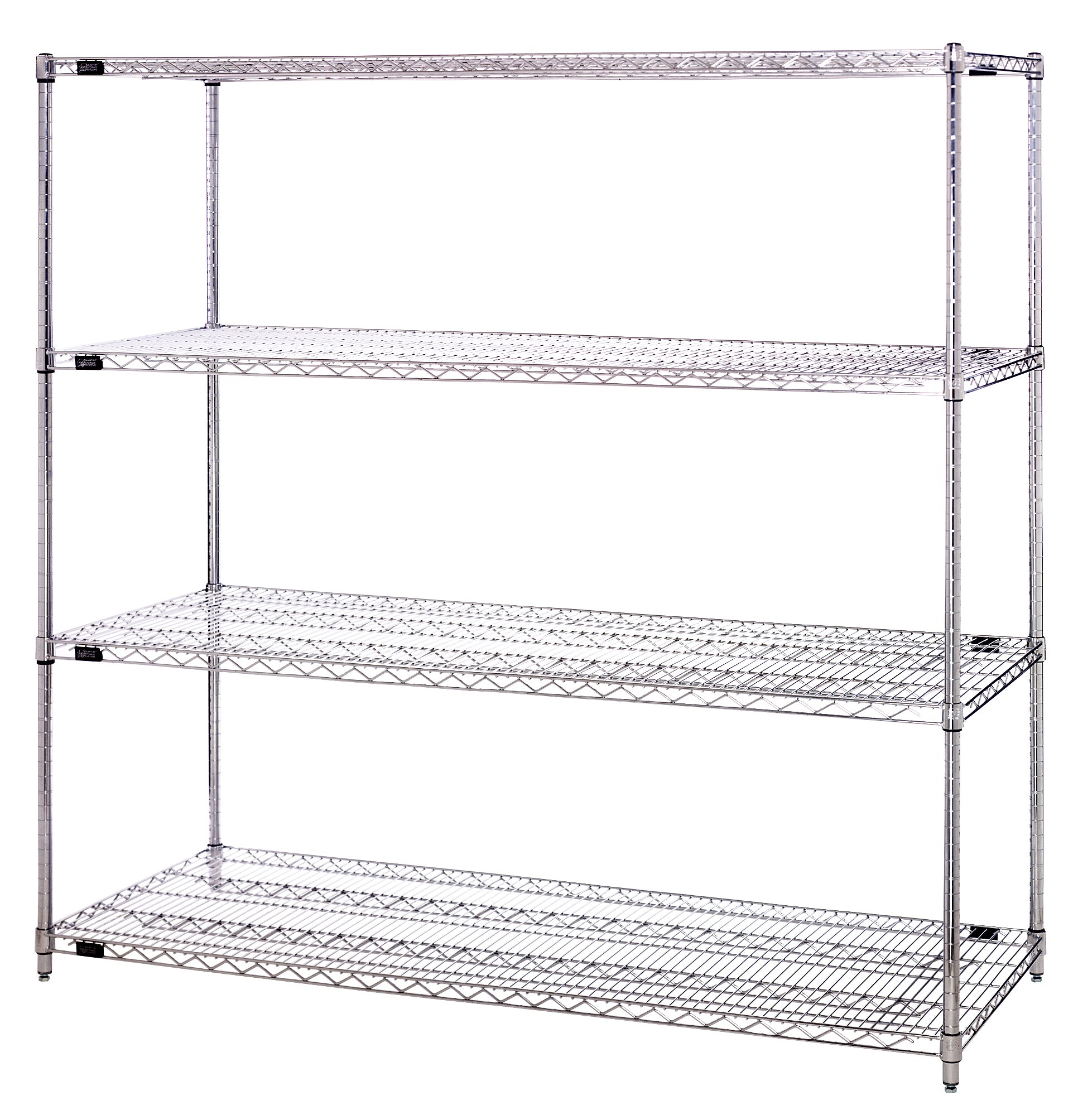 Wire Shelving Starter Kit, 72"W x 30"D x 74"H, 600 - 800 lb. capacity, includes (4) wire shelves and (4) posts with pre-inserted leveler, chrome plated finish, NSF, shipped KD