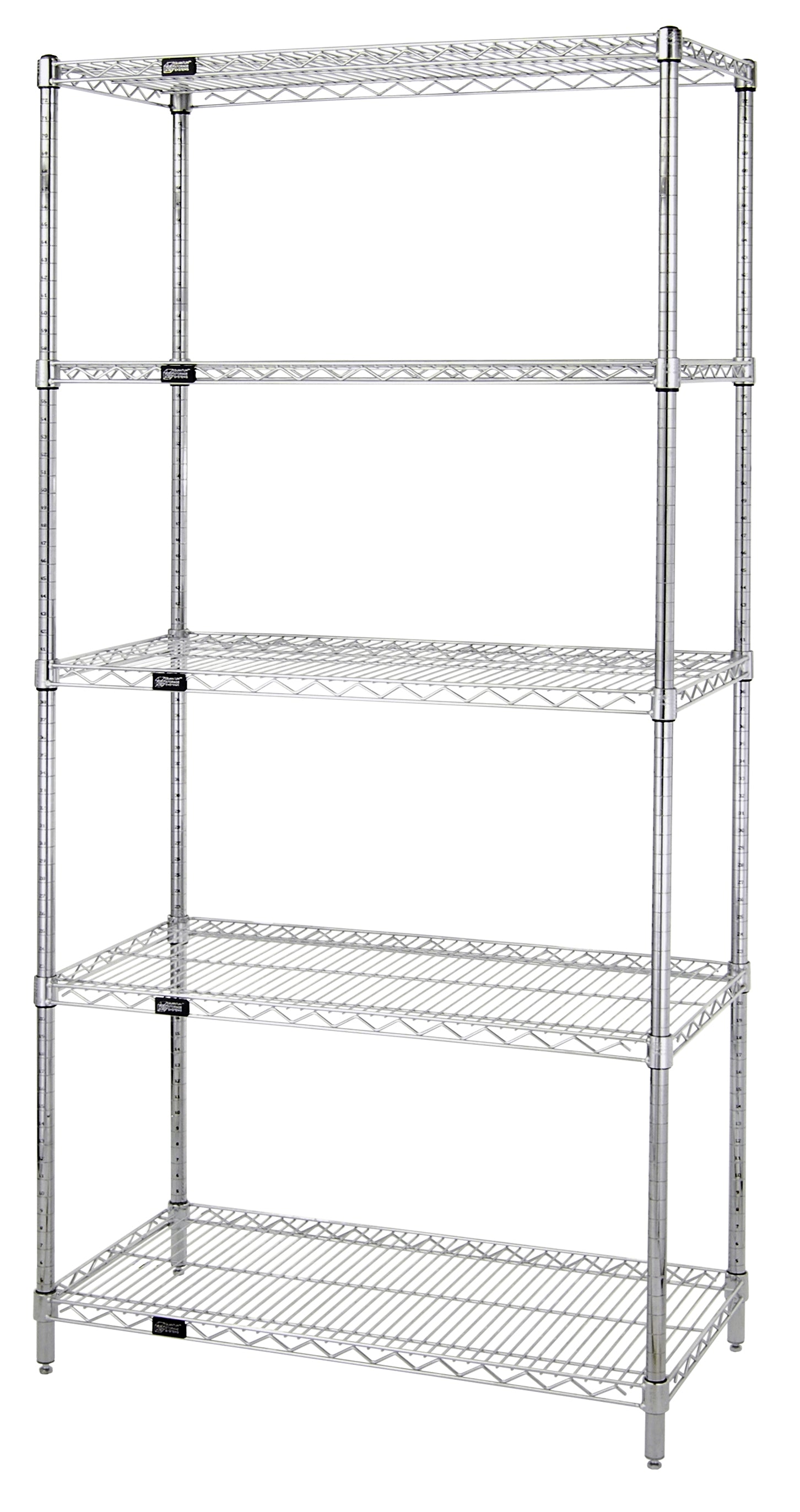 Wire Shelving Starter Kit, 48"W x 36"D x 74"H, 600 - 800 lb. capacity, includes (5) wire shelves and (4) posts with pre-inserted leveler, chrome plated finish, NSF, shipped KD