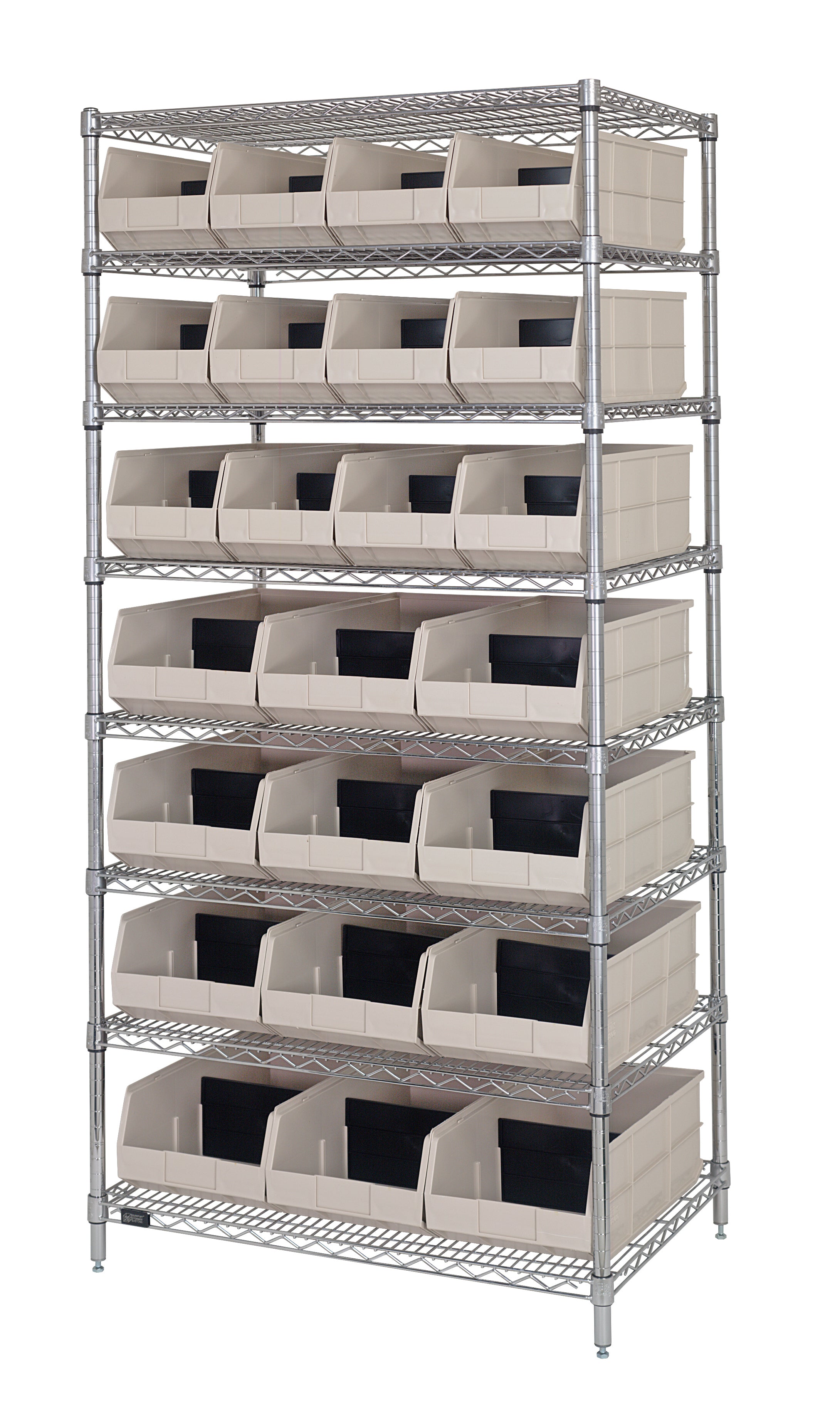 Bin Wire Shelving System, 36"W x 21"D x 74"H, 800 lbs load capacity per shelf, includes: (8) shelves, (24) ivory bins, chrome plated finish, shipped KD