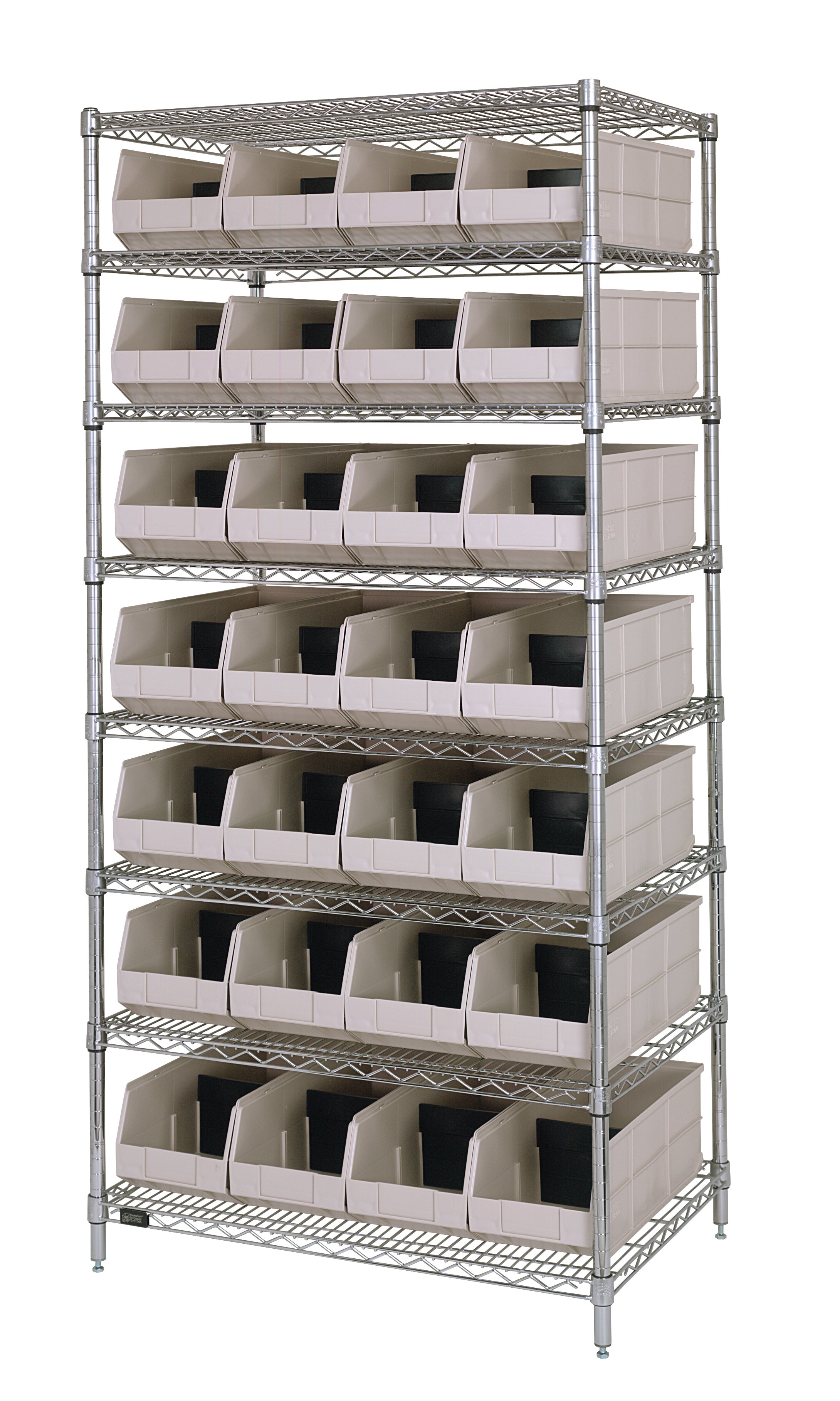 Bin Wire Shelving System, 36"W x 21"D x 74"H, 800 lbs load capacity per shelf, includes: (8) shelves, (28) ivory bins, chrome plated finish, shipped KD