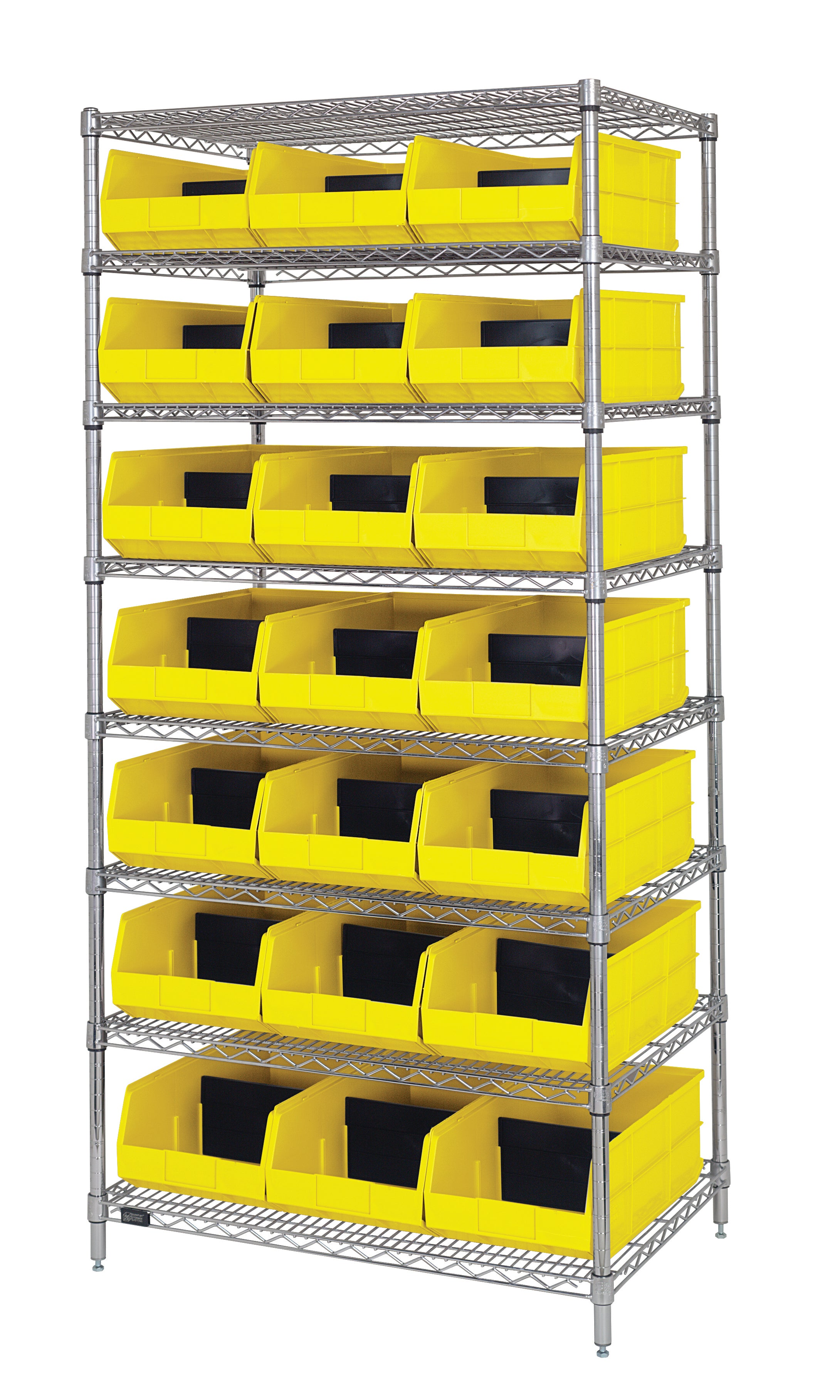 Bin Wire Shelving System, 36"W x 21"D x 74"H, 800 lbs load capacity per shelf, includes: (8) shelves, (28) yellow bins, chrome plated finish, shipped KD