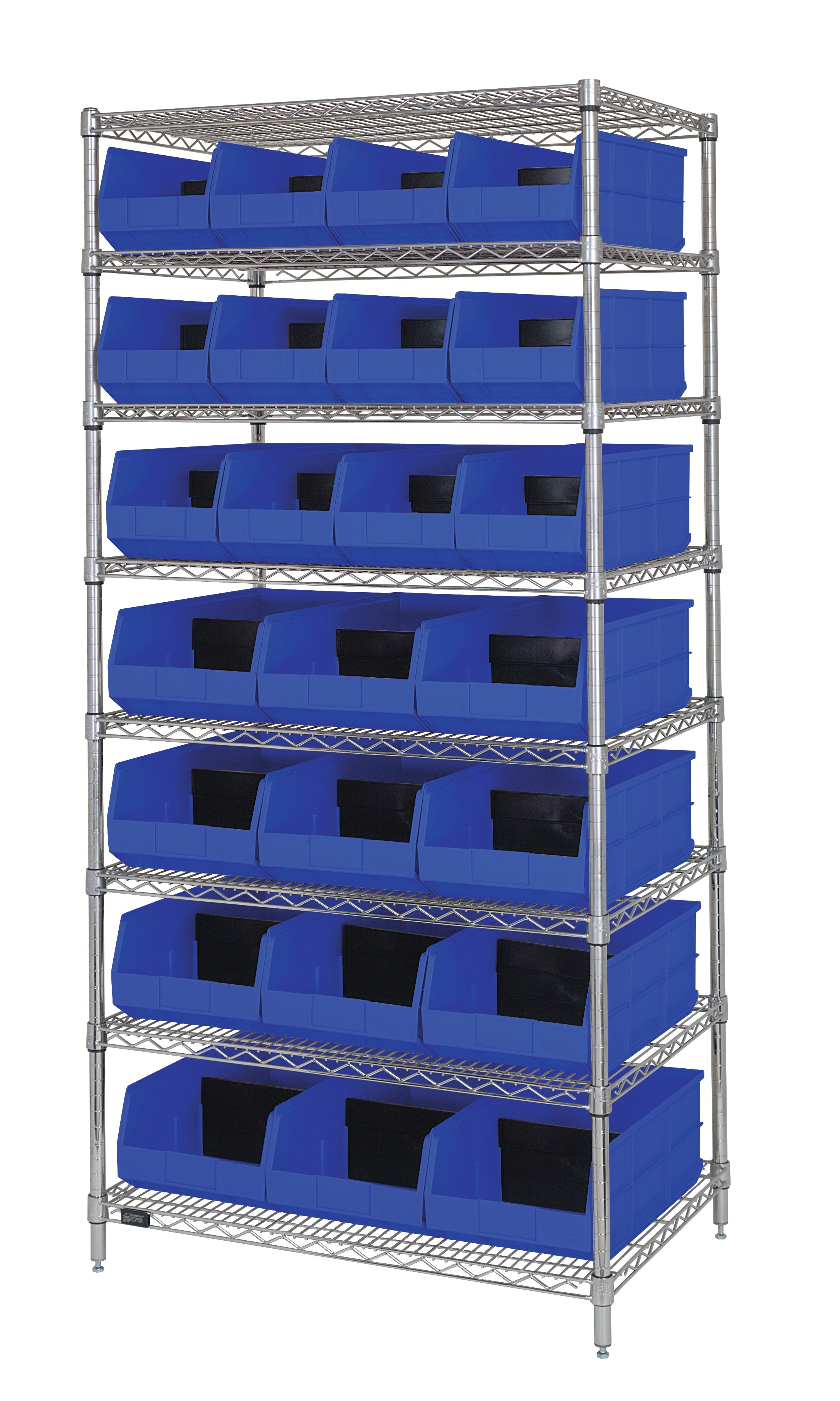 Bin Wire Shelving System, 36"W x 21"D x 74"H, 800 lbs load capacity per shelf, includes: (8) shelves, (21) blue bins, chrome plated finish, shipped KD