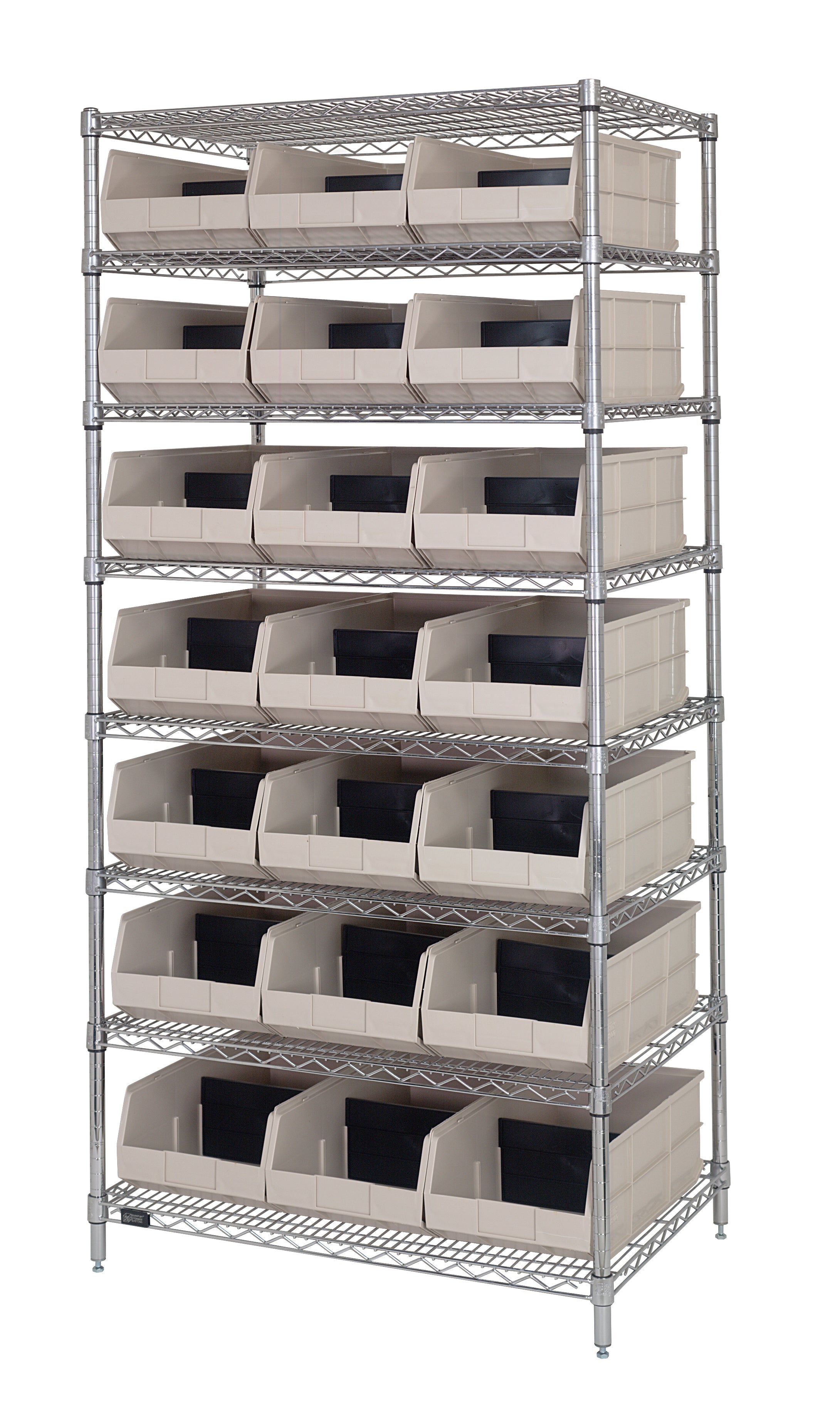 Bin Wire Shelving System, 36"W x 21"D x 74"H, 800 lbs load capacity per shelf, includes: (8) shelves, (21) clear bins, chrome plated finish, shipped KD