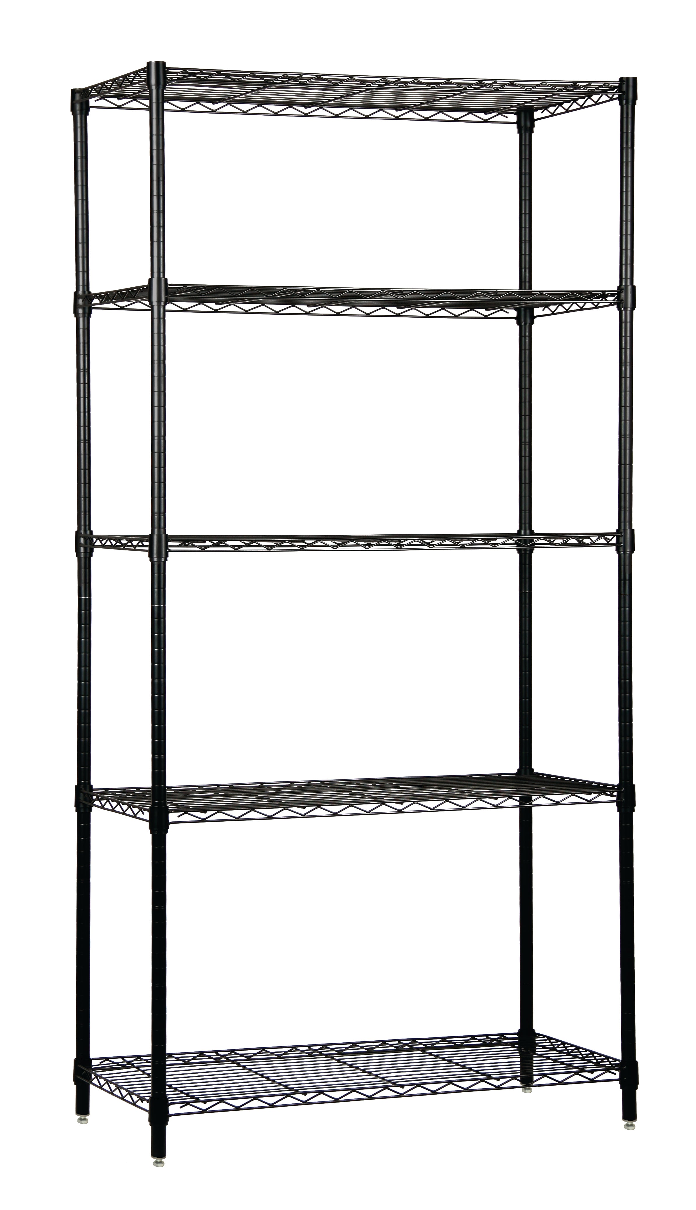 Wire Shelving Starter Kit, 36"W x 12"D x 86"H, 600 - 800 lb. capacity, includes (5) wire shelves and (4) posts, black epoxy antimicrobial finish, NSF, shipped KD