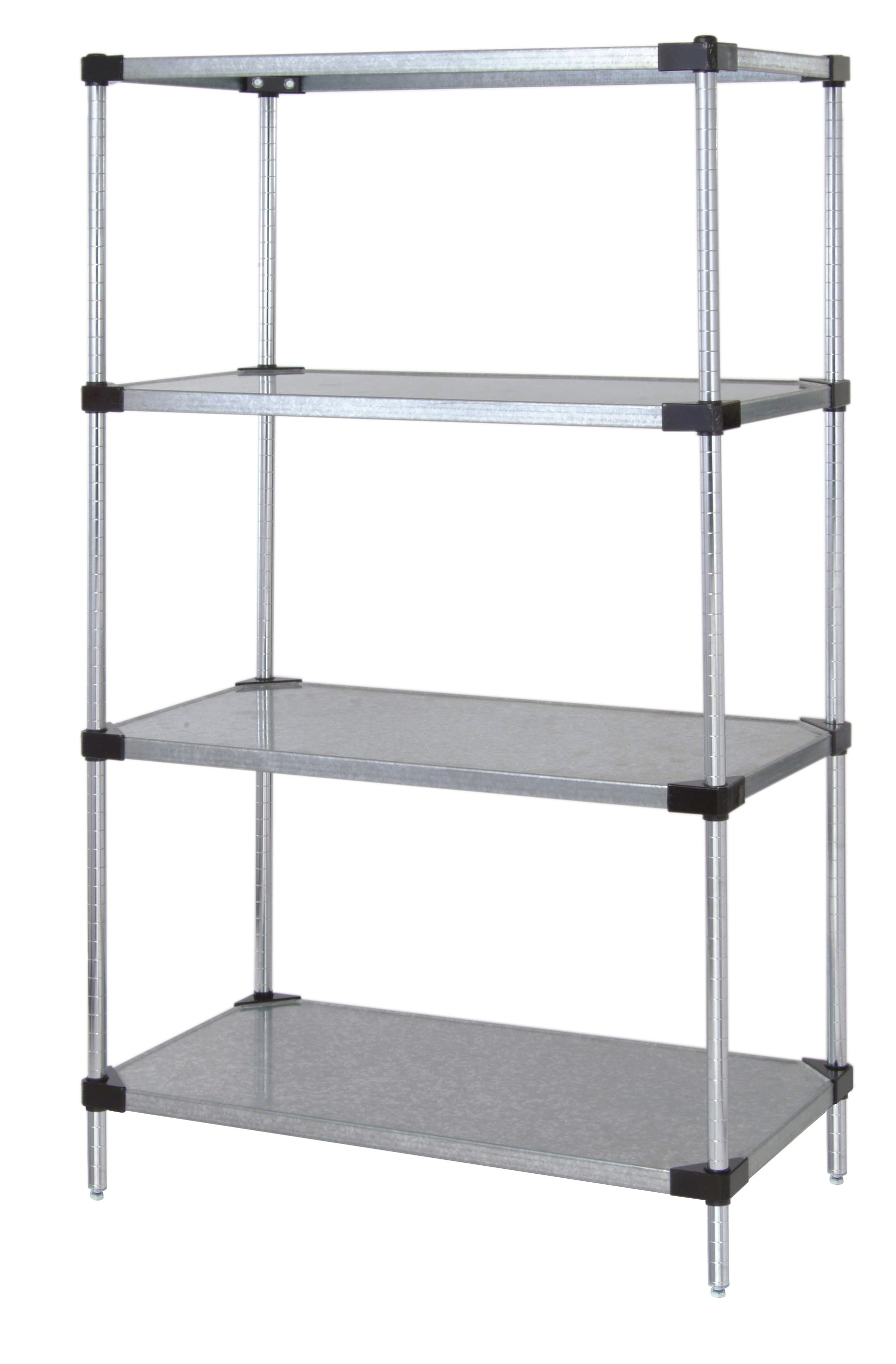 Solid Shelving Starter Kit, 24"W x 24"D x 86"H, includes (4) solid shelves and (4) posts with pre-inserted leveler, galvanized steel and chrome posts finish, NSF, shipped KD