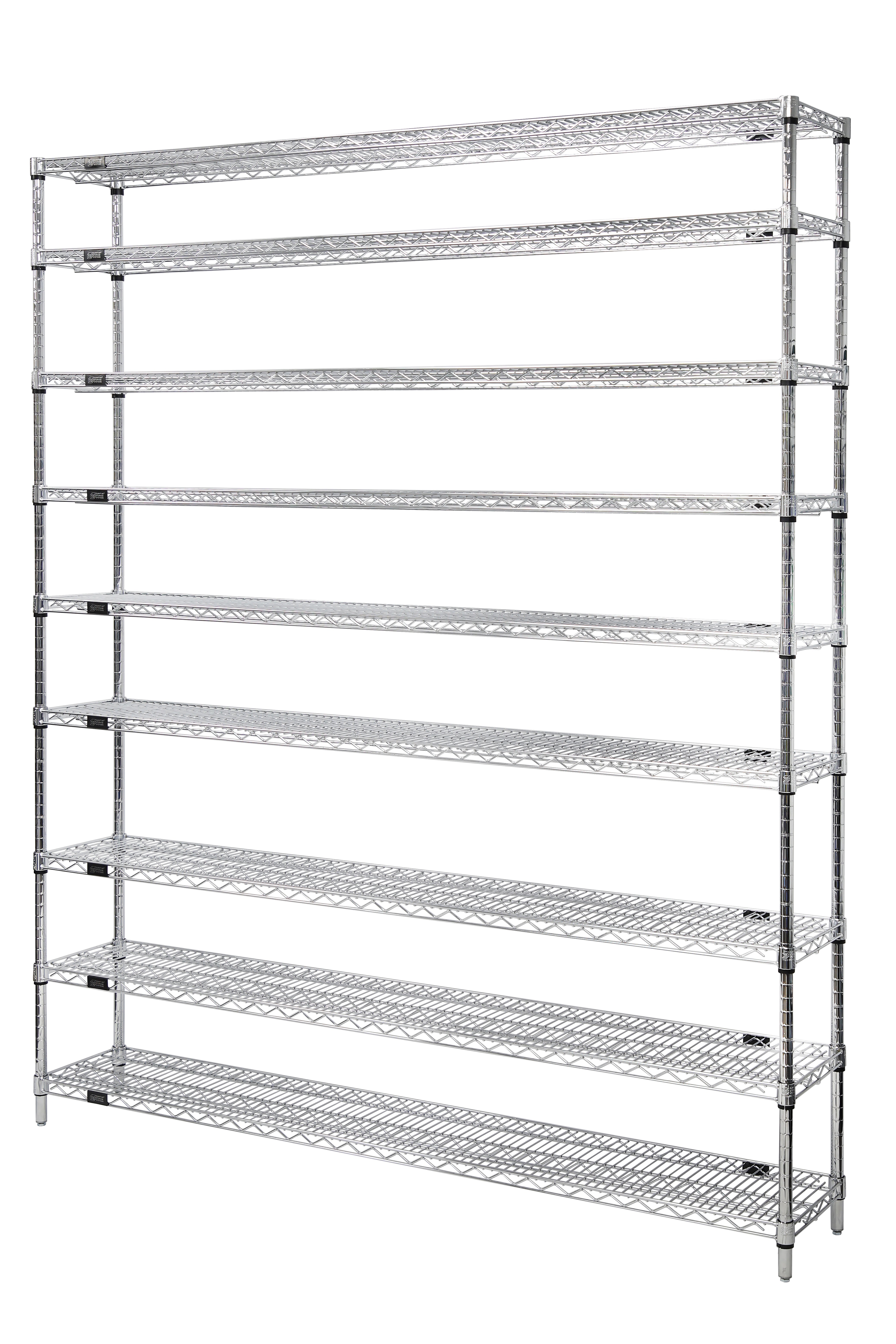 Wire Shelving Starter Kit, 30"W x 24"D x 86"H, 600 - 800 lb. capacity, includes (4) wire shelves and (4) posts with pre-inserted leveler, chrome plated finish, NSF, shipped KD
