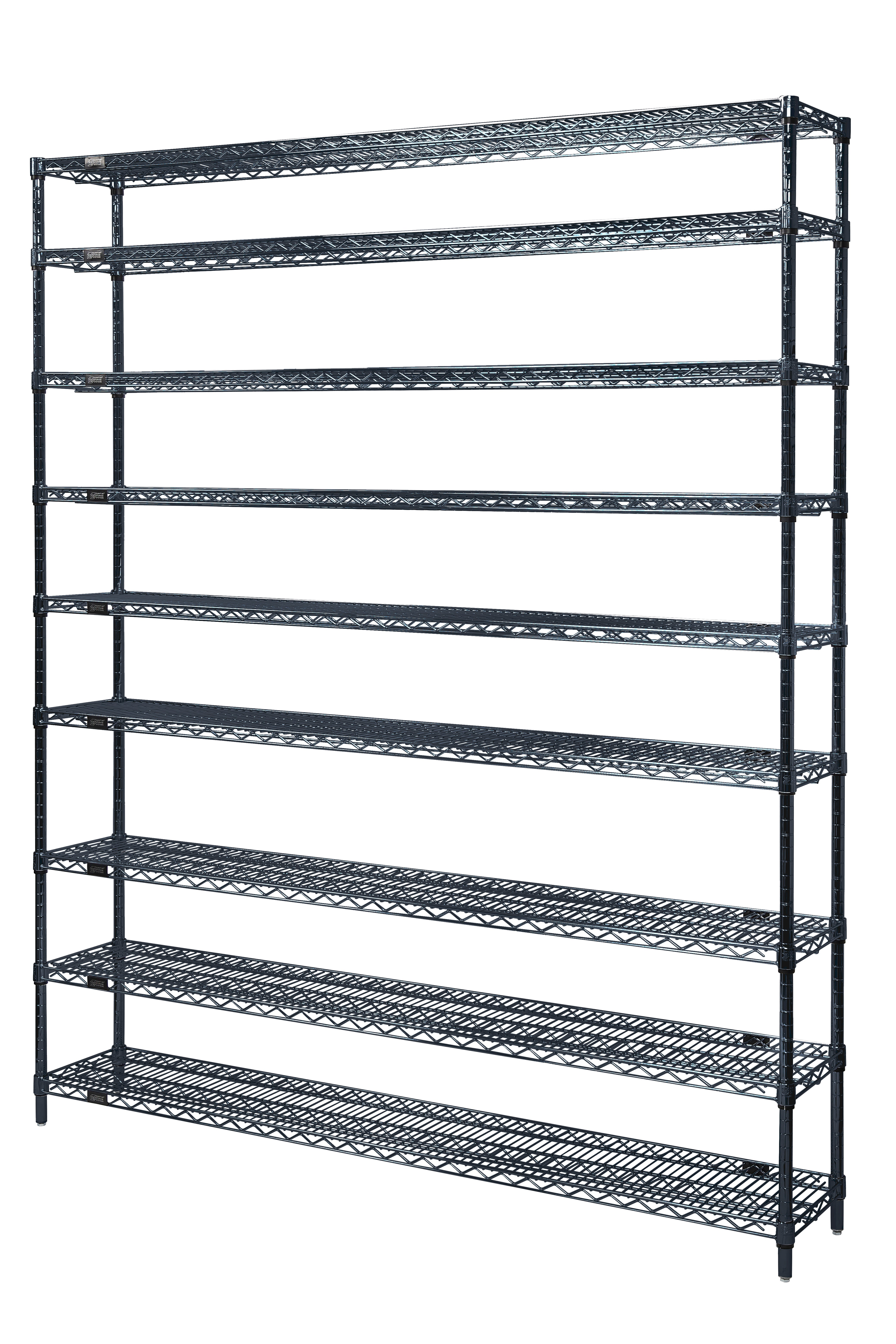 Wire Shelving Starter Kit, 36"W x 24"D x 86"H, 600 - 800 lb. capacity, includes (4) wire shelves and (4) posts with pre-inserted leveler, black epoxy antimicrobial finish, NSF, shipped KD