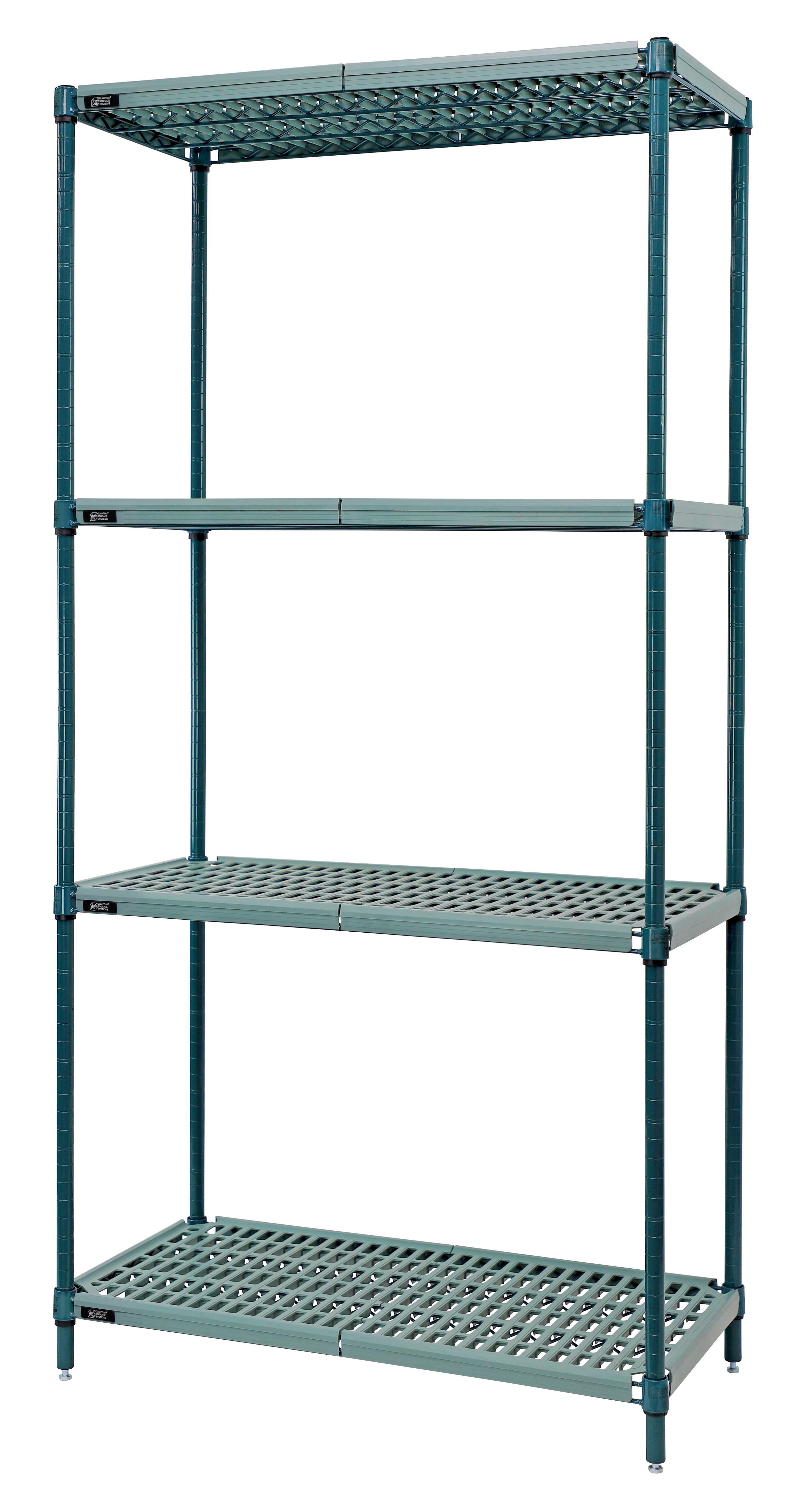 Wire Plastic Mat Shelving Unit, stationary, 4-tier, 48"W x 24"D x 86"H overall size, 600-800 lb. max weight, includes, (4) plastic wire mats, (4) wire frames, (4) posts, and packs of split sleeves, green epoxy antimicrobial coating, NSF, KD