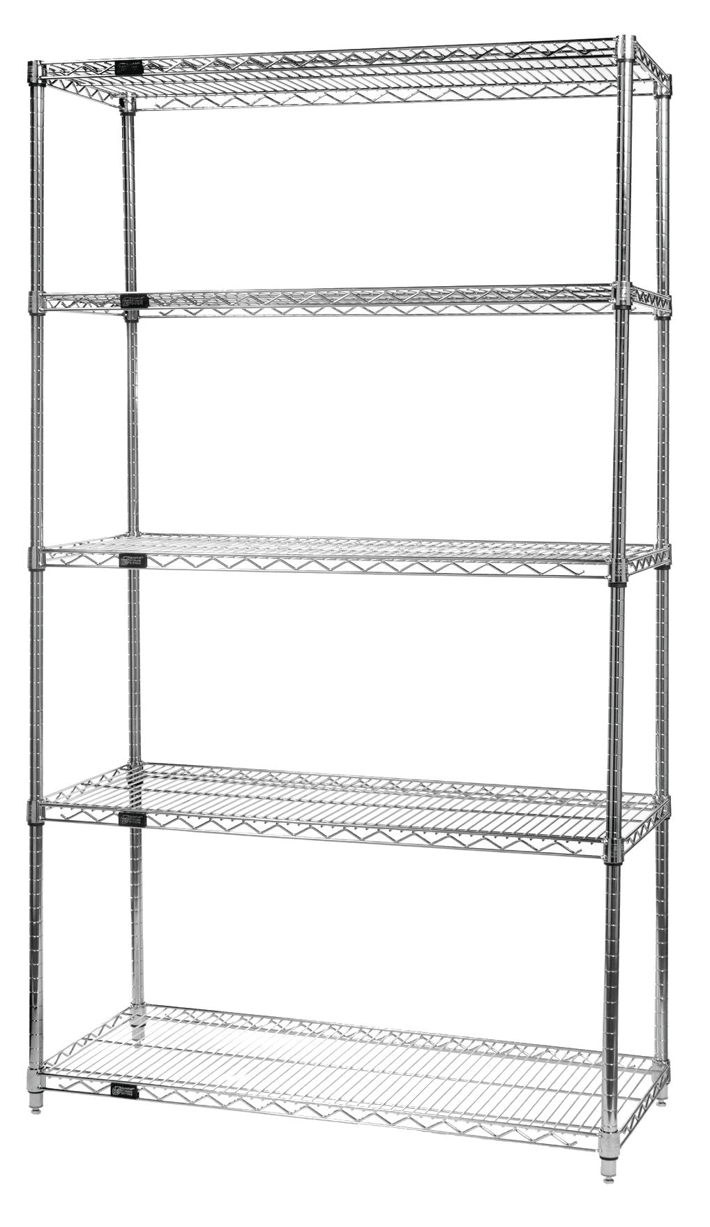Wire Shelving Starter Kit, 54"W x 24"D x 86"H, 600 - 800 lb. capacity, includes (5) wire shelves and (4) posts with pre-inserted leveler, chrome plated finish, NSF, shipped KD