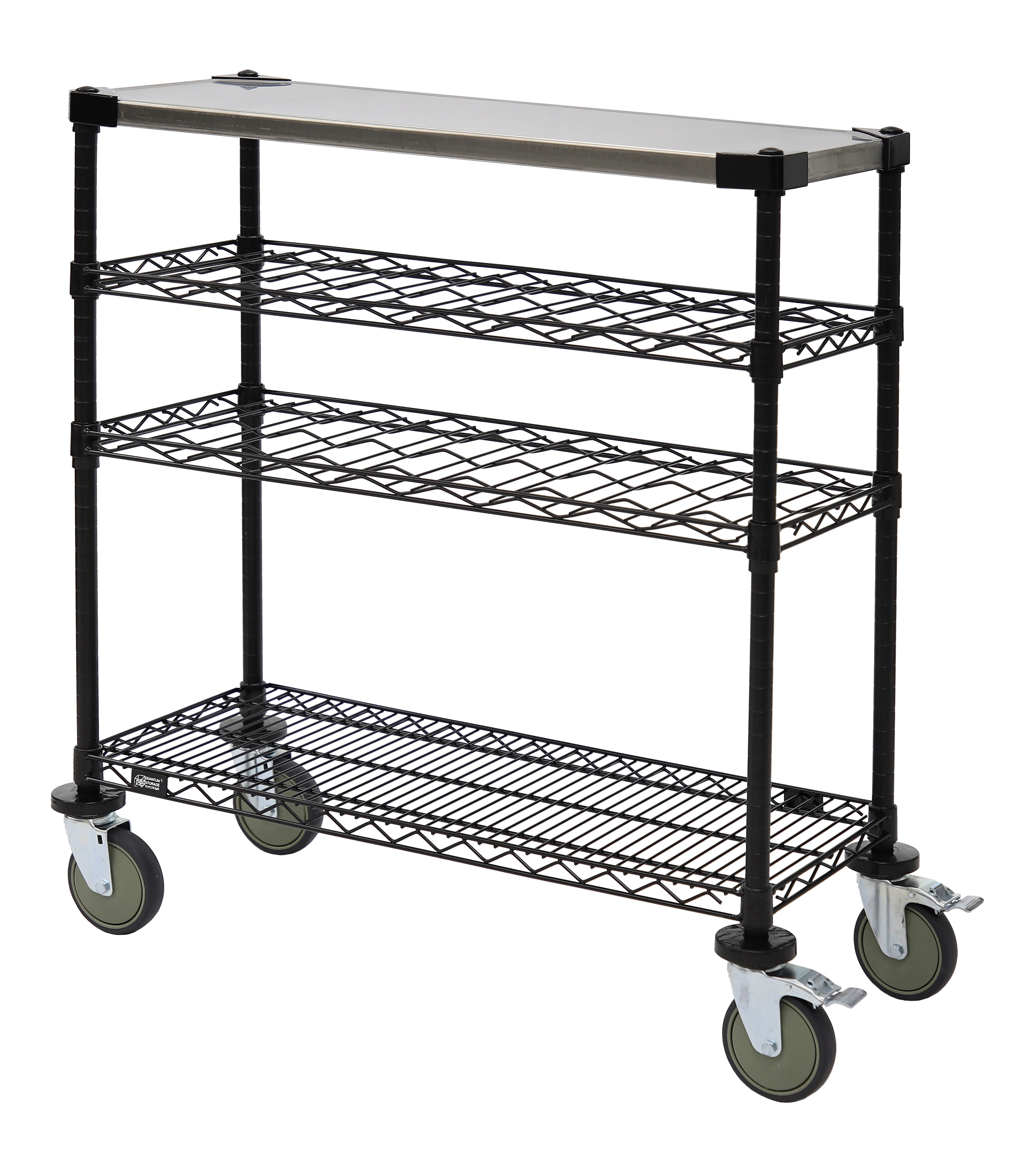 Wine Display/Worktable Cart, 48"W x 14"D x 40"H, 1200 lb. load capacity, includes: (2) cradle shelves, (1) wire and (1) solid shelves, inlay may and casters, black epoxy antimicrobial finish and 304 stainless steel