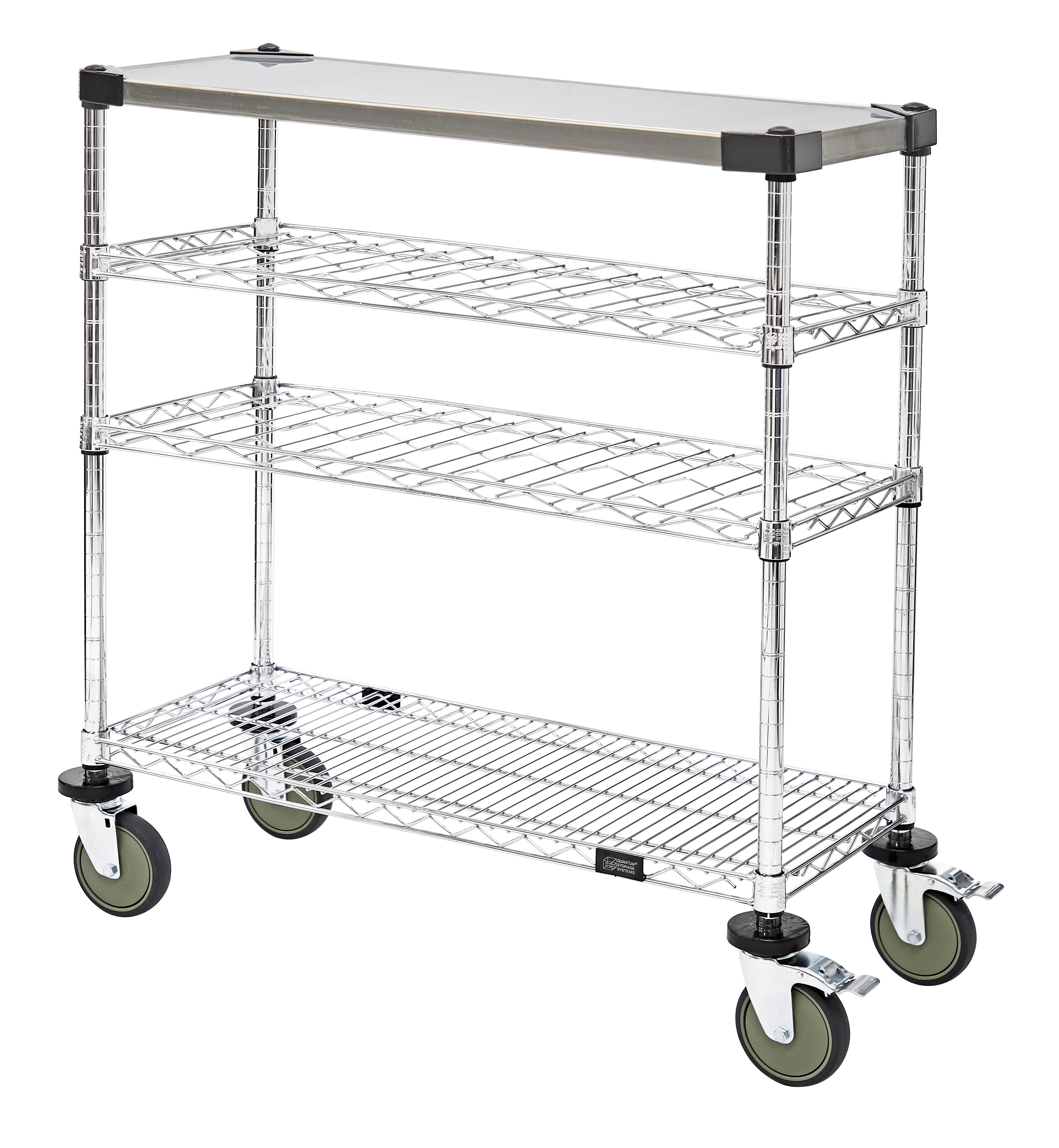 Wine Display/Worktable Cart, 48"W x 14"D x 40"H, 1200 lb. load capacity, includes: (2) cradle shelves, (1) wire and (1) solid shelves, inlay may and casters, chrome plated finish and 304 stainless steel