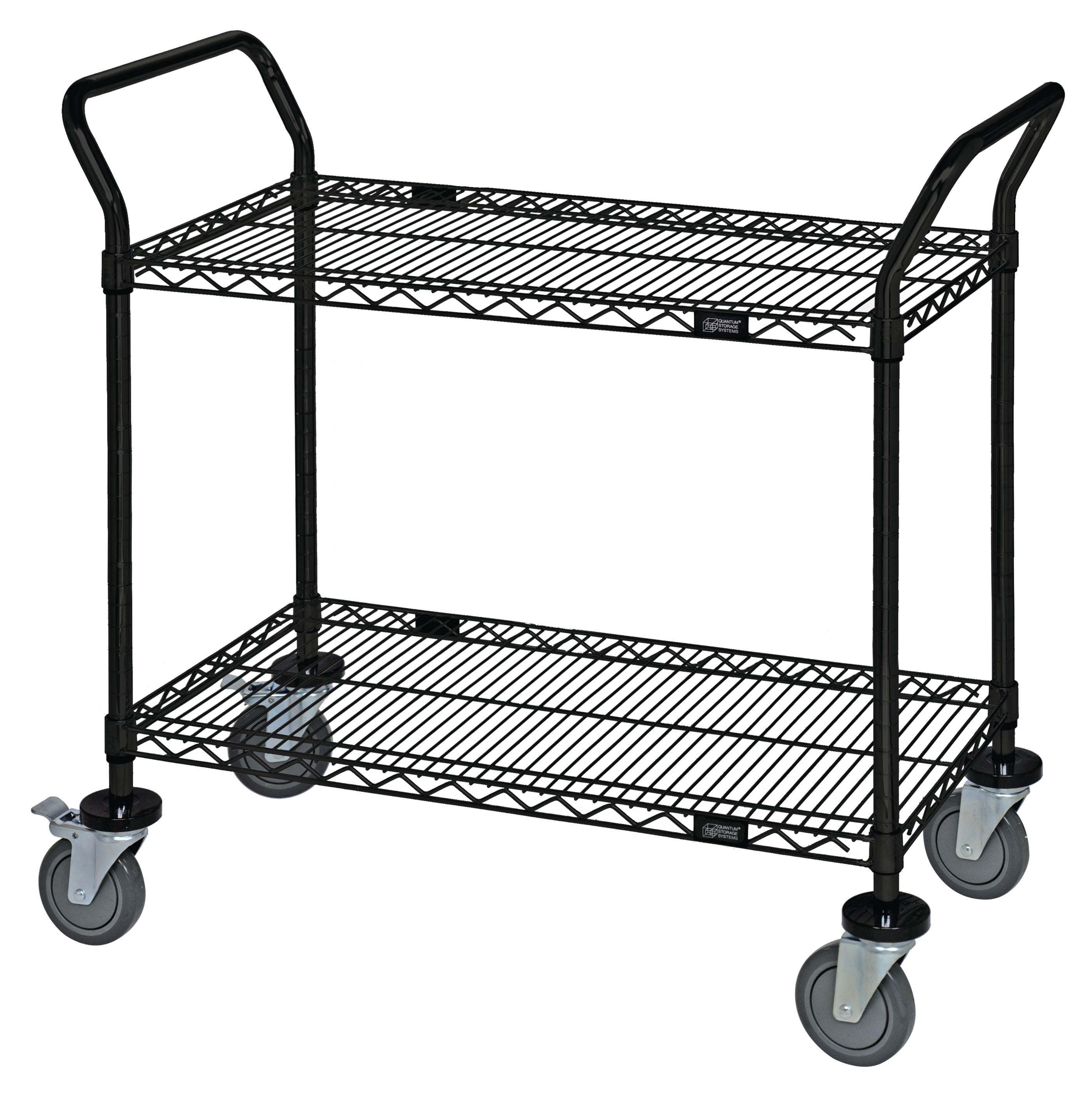 Utility Cart, 42"W x 18"D x 37-1/2"H, (2) wire shelves, 1200 lb. capacity, (2) "U" shaped handles, open base, donut bumpers, (4) 5" polyurethane swivel casters (2 with brakes), black epoxy antimicrobial finish, NSF