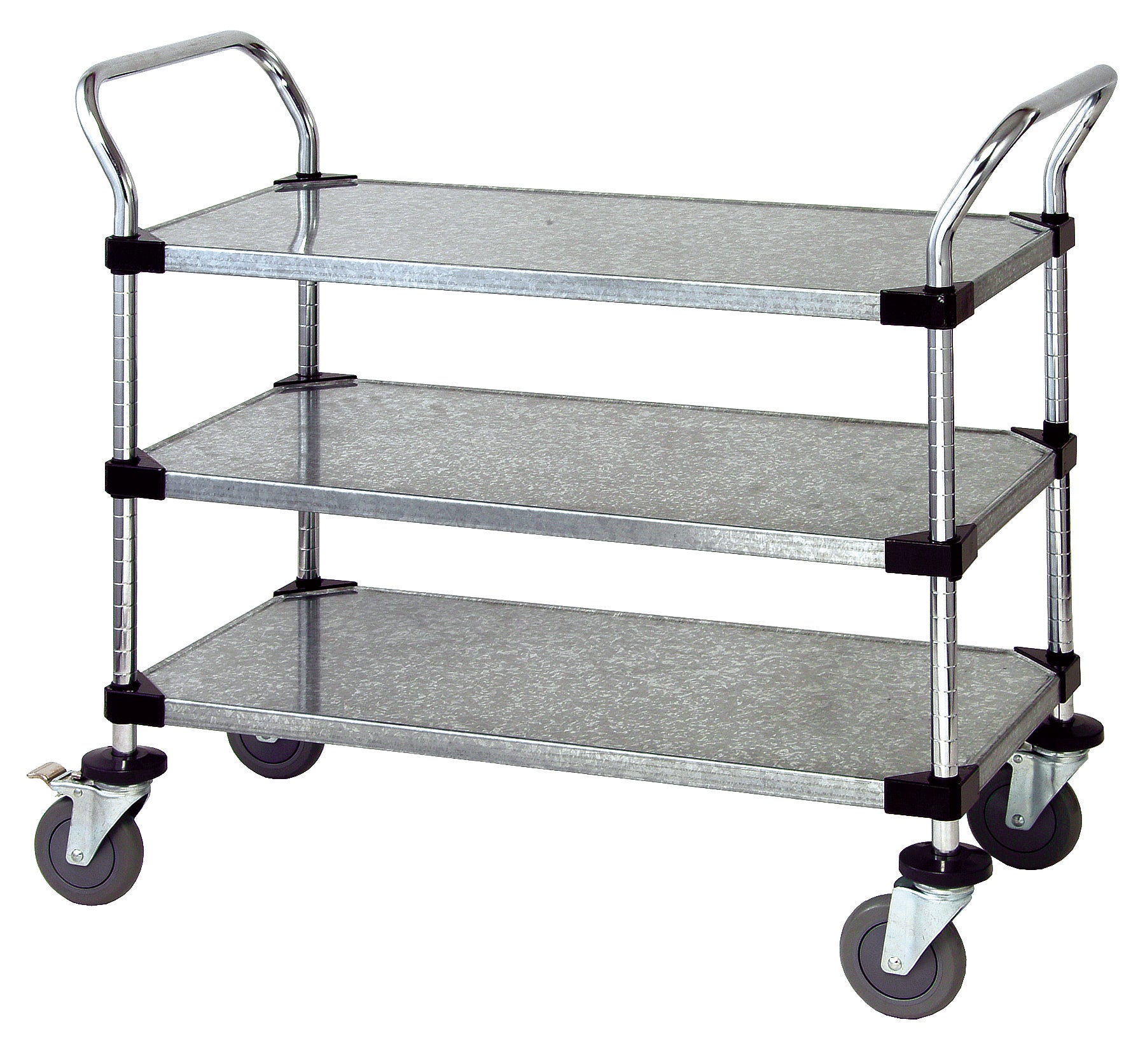 Utility Cart, 30"W x 21"D x 37-1/2"H, (3) galvanized solid shelves, 1200 lb. capacity, (2) "U" shaped chrome plated handles, open base, donut bumpers, (4) 5" polyurethane swivel casters (2 with brakes), NSF