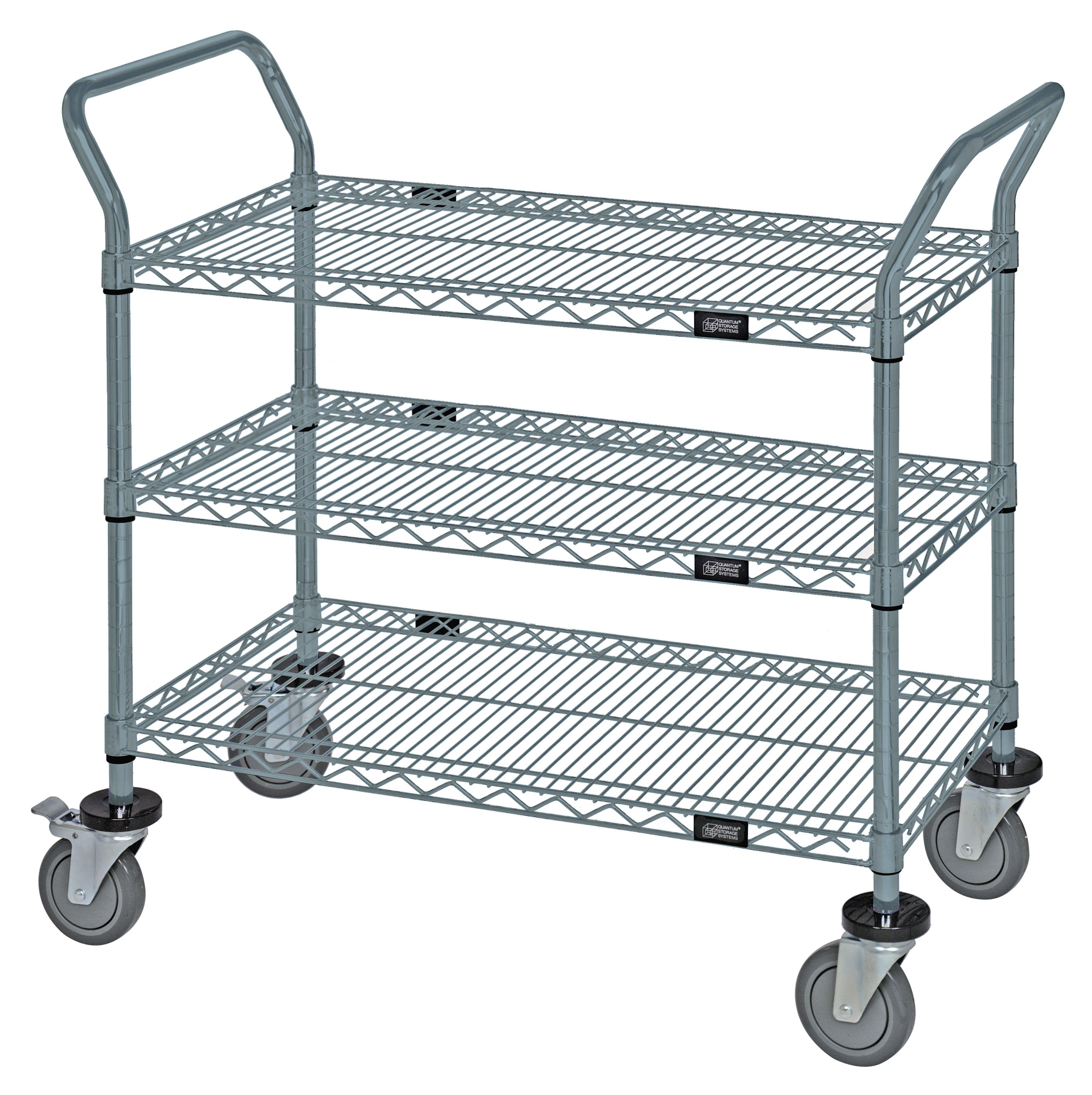 Utility Cart, 30"W x 21"D x 37-1/2"H, 1200 lb. capacity, (3) wire shelves, (4) posts, (2) "U" shaped handles, open base, donut bumpers, (4) 5" polyurethane swivel casters (2 with brakes), gray epoxy antimicrobial finish, NSF