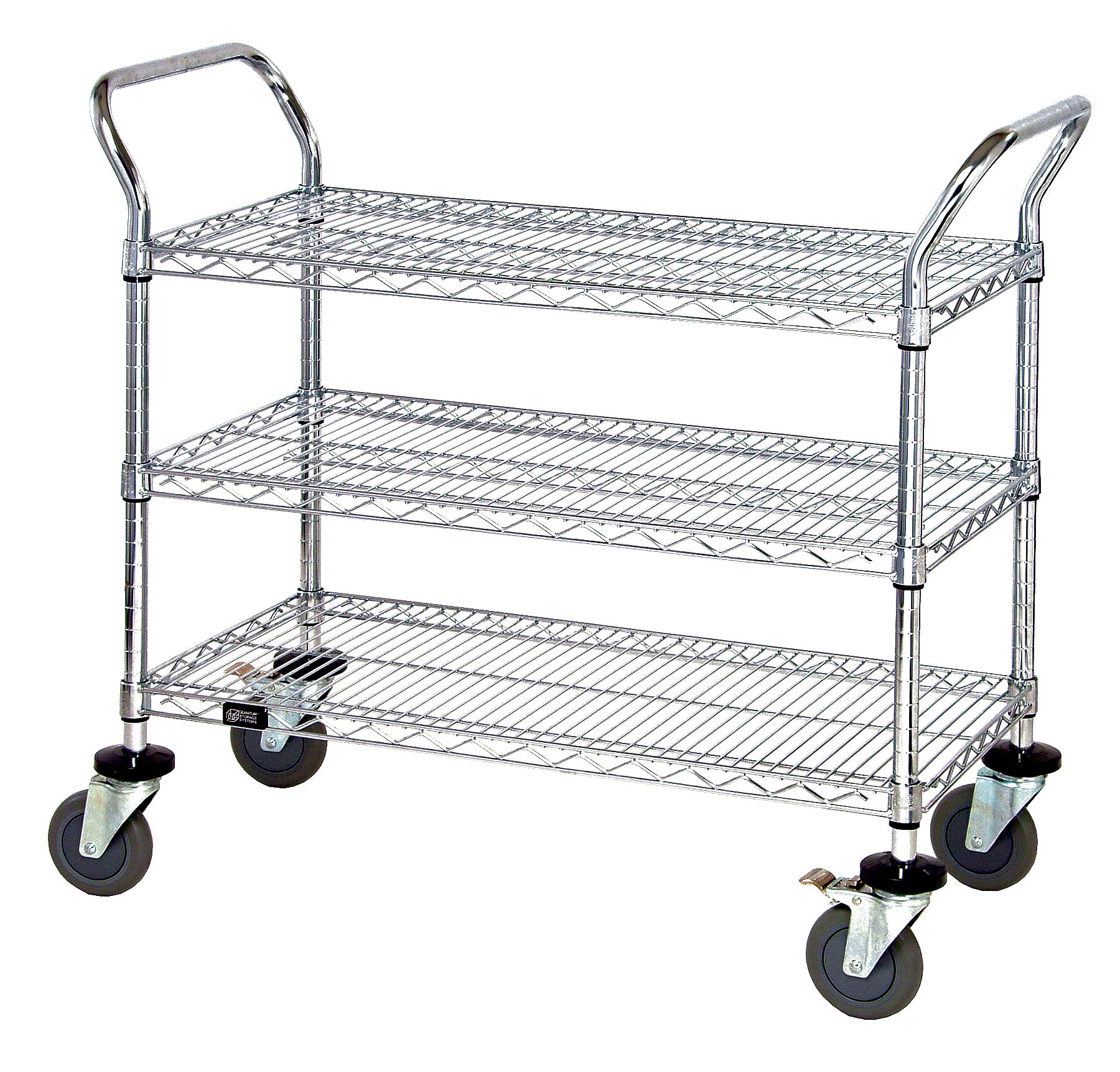Utility Cart, 36"W x 21"D x 37-1/2"H, 1200 lb. capacity, (3) wire shelves, (4) posts, (2) "U" shaped handles, open base, donut bumpers, (4) 5" polyurethane swivel casters (2 with brakes), chrome plated finish, NSF
