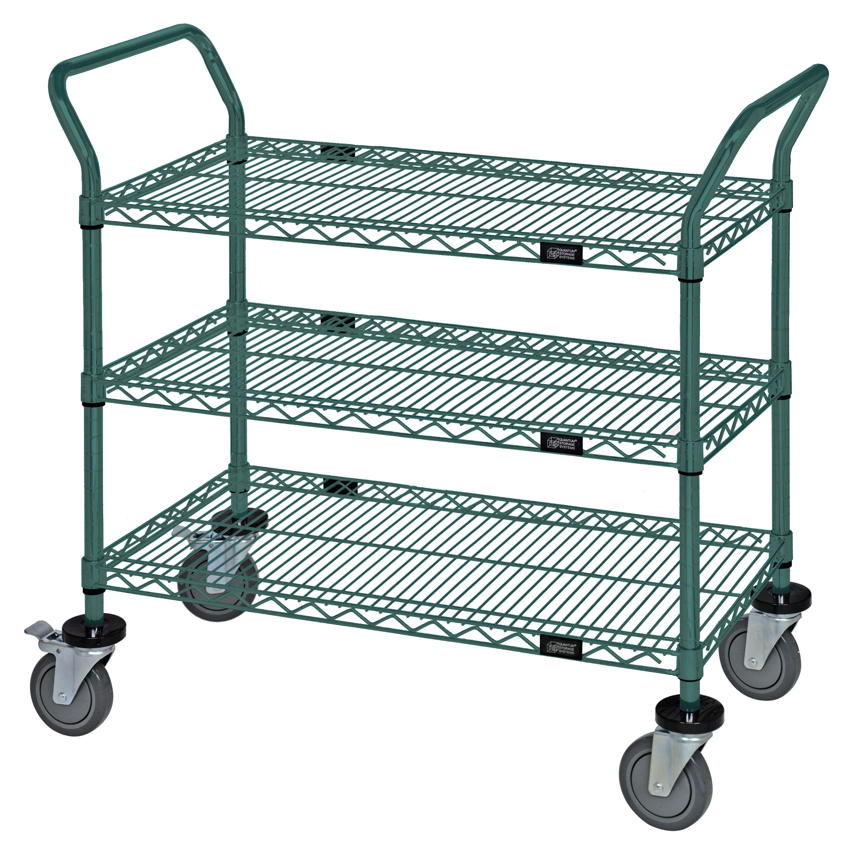 Utility Cart, 36"W x 21"D x 37-1/2"H, 1200 lb. capacity, (3) wire shelves, (4) posts, (2) "U" shaped handles, open base, donut bumpers, (4) 5" polyurethane swivel casters (2 with brakes), green epoxy antimicrobial finish, NSF