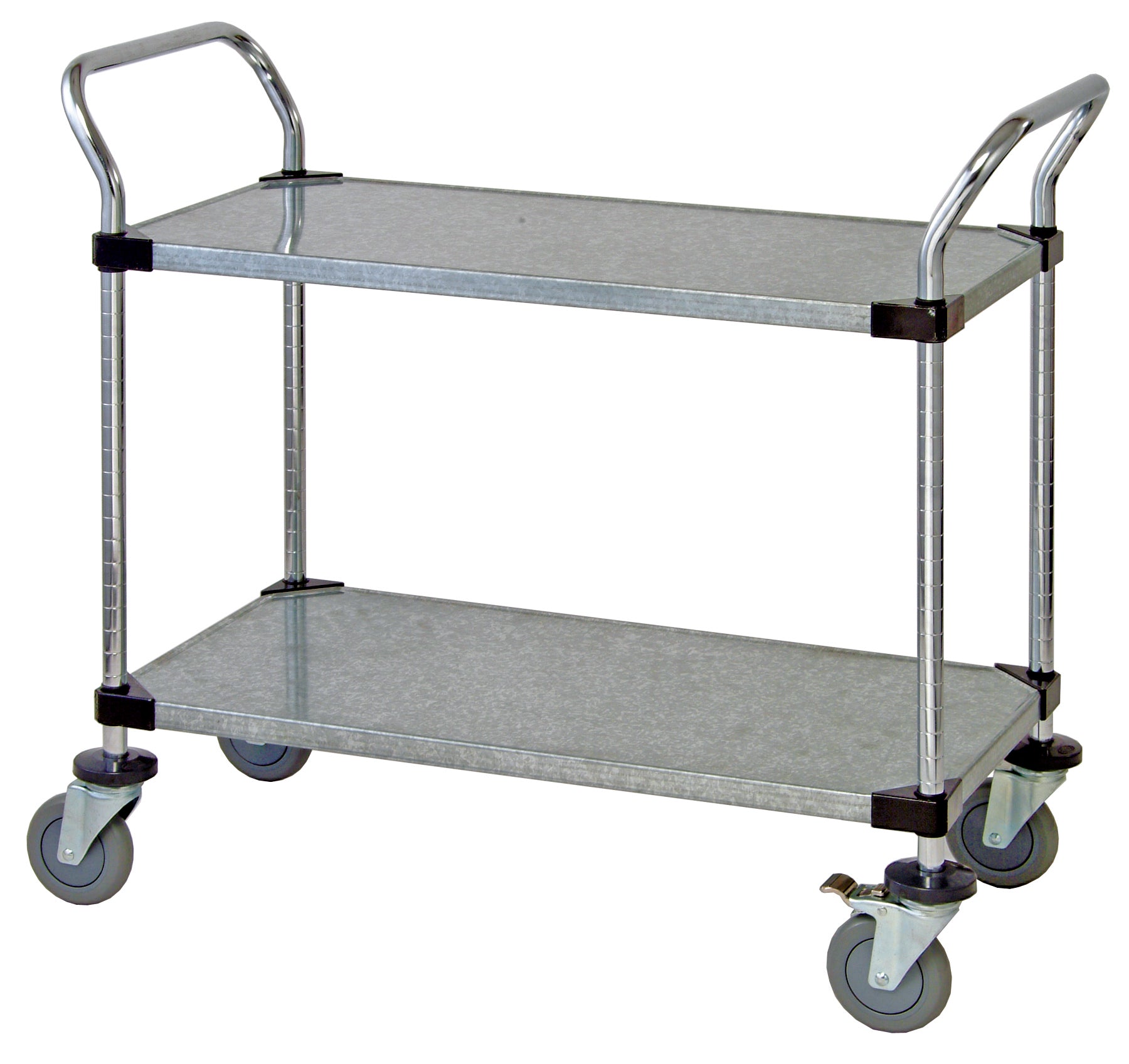 Utility Cart, 42"W x 21"D x 37-1/2"H, (2) galvanized solid shelves, 1200 lb. capacity, (2) "U" shaped chrome plated handles, open base, donut bumpers, (4) 5" polyurethane swivel casters (2 with brakes), NSF
