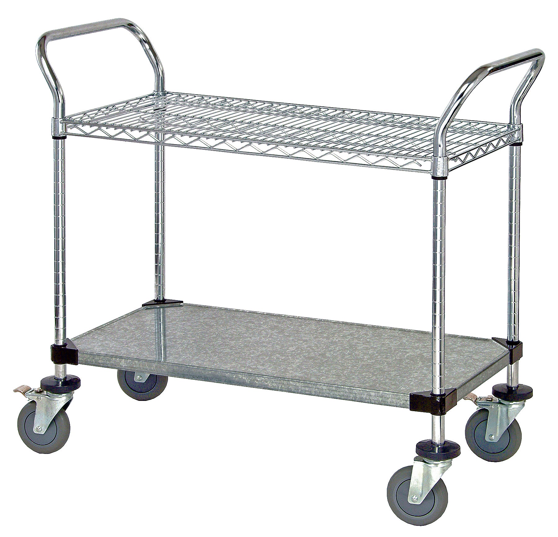 Utility Cart, 60"W x 21"D x 37-1/2"H, 1200 lb. capacity, (1) chrome plated wire shelf, (1) galvanized solid shelf, (2) "U" shaped chrome plated handles, open base, donut bumpers, (4) 5" polyurethane swivel casters (2 with brakes), NSF