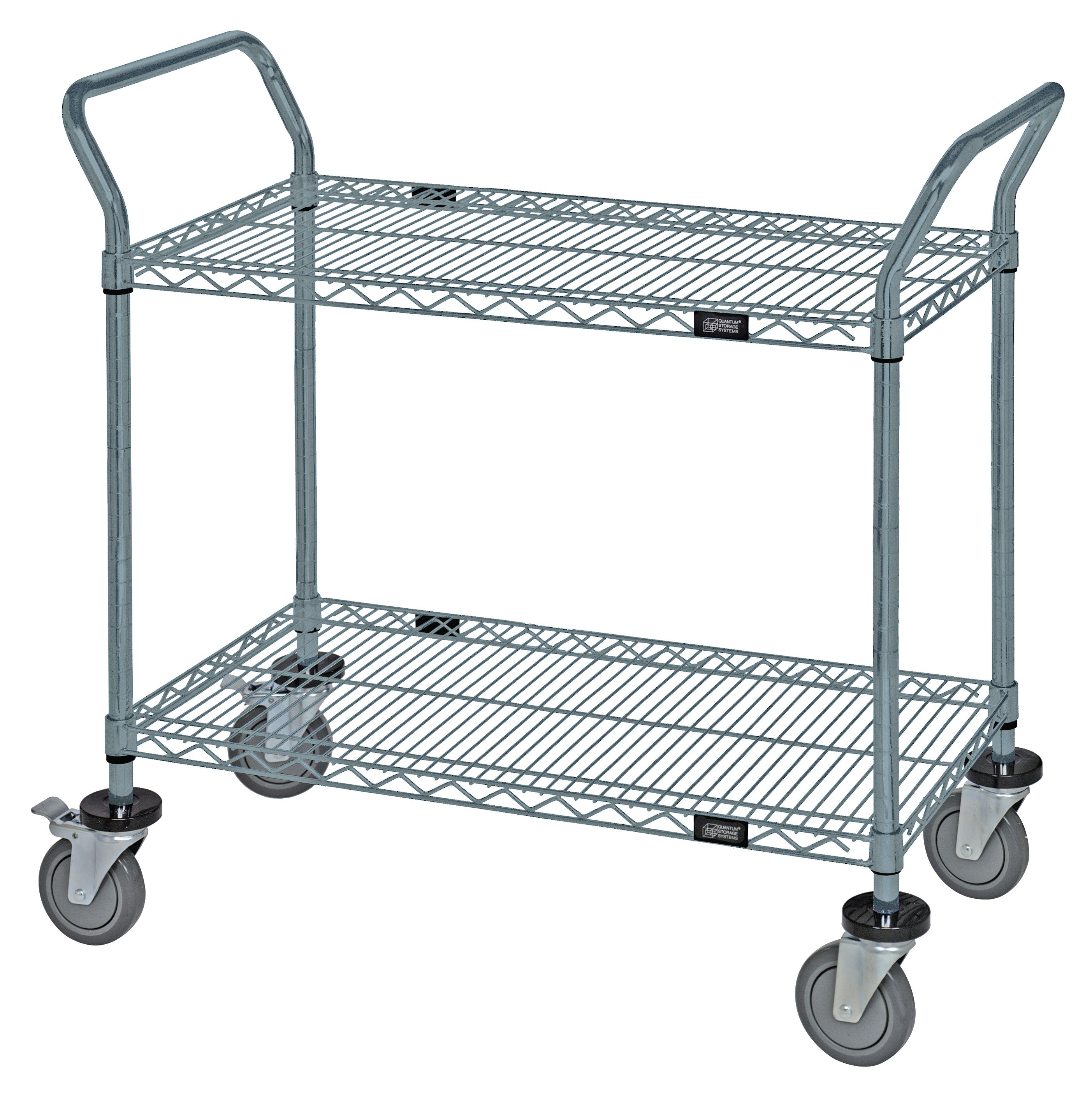Utility Cart, 42"W x 24"D x 37-1/2"H, (2) wire shelves, 1200 lb. capacity, (2) "U" shaped handles, open base, donut bumpers, (4) 5" polyurethane swivel casters (2 with brakes), gray epoxy antimicrobial finish, NSF