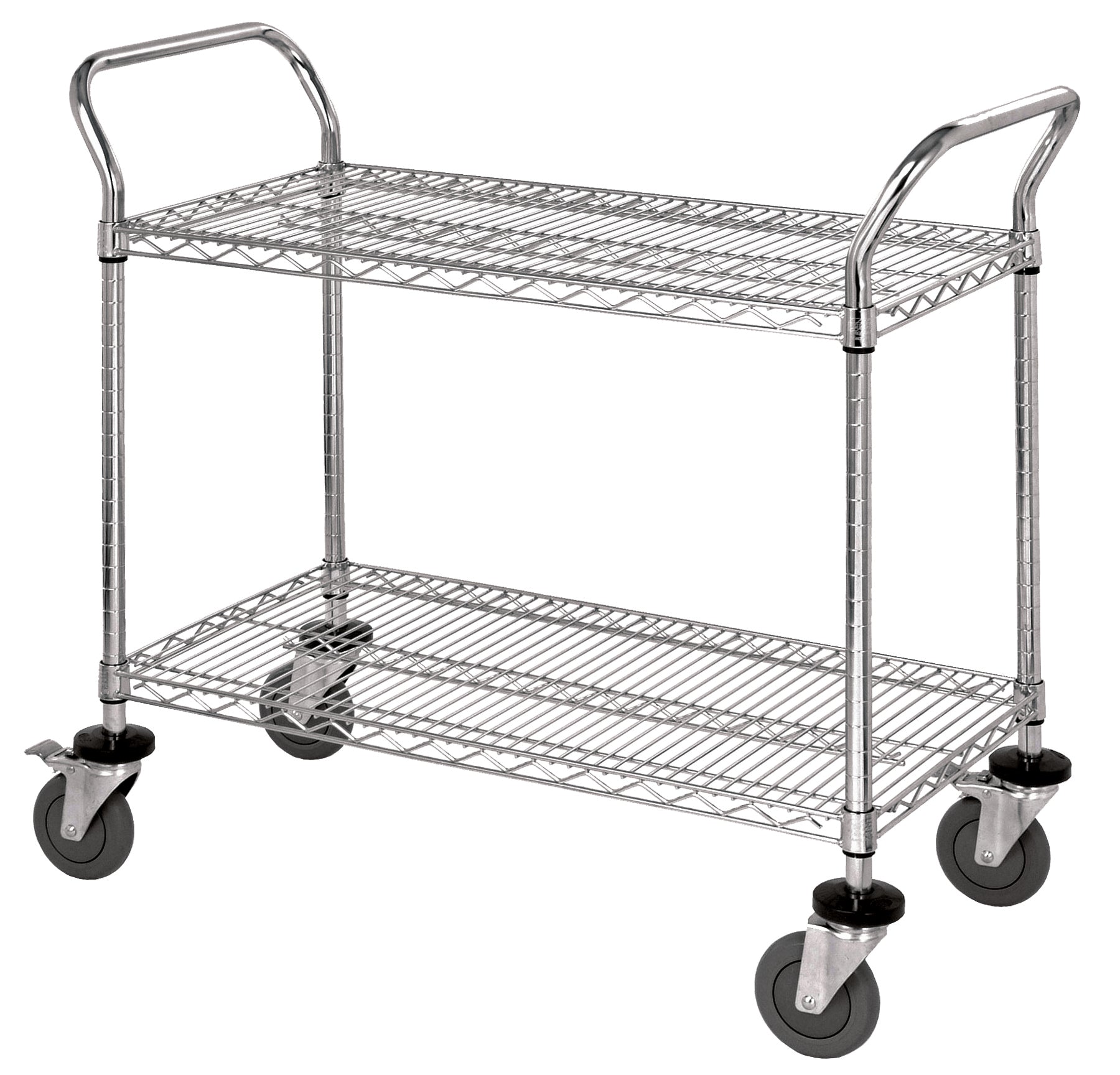 Utility Cart, 48"W x 24"D x 37-1/2"H, 1200 lb. capacity, (2) wire shelves, (2) "U" shaped handles, open base, donut bumpers, (4) 8" pneumatic casters, chrome plated finish, NSF