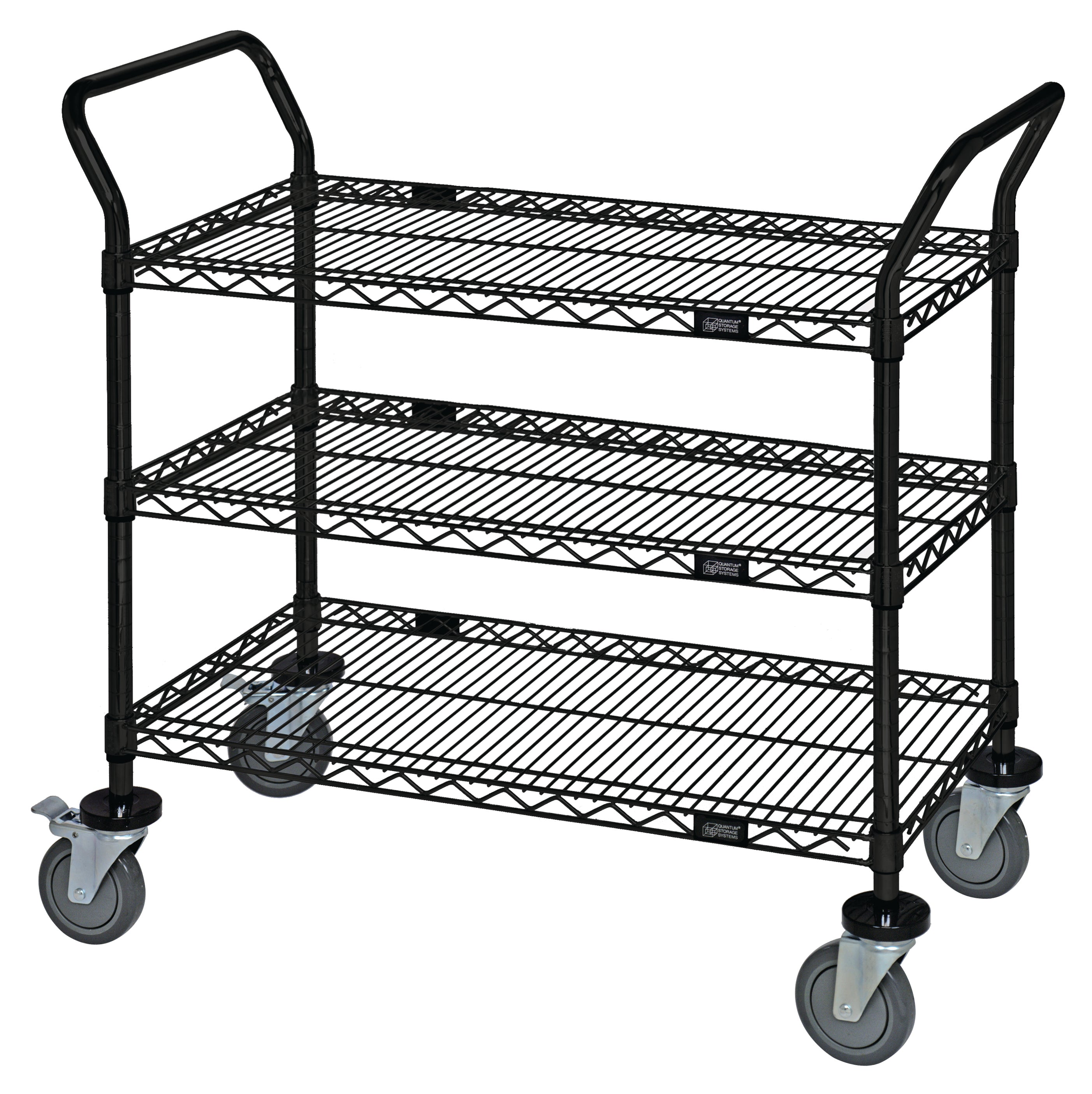 Utility Cart, 48"W x 24"D x 37-1/2"H, (3) wire shelves, 1200 lb. capacity, (2) "U" shaped handles, open base, donut bumpers, (4) 5" polyurethane swivel casters (2 with brakes), black epoxy antimicrobial finish, NSF