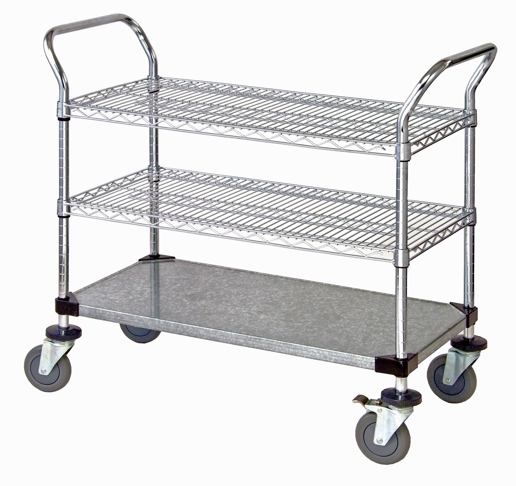 Utility Cart, 60"W x 24"D x 37-1/2"H, 1200 lb. capacity, (2) chrome plated wire shelves, (1) galvanized solid shelf, (4) posts, (2) "U" shaped chrome plated handles, open base, donut bumpers, (4) 5" polyurethane swivel casters (2 with brakes), NSF