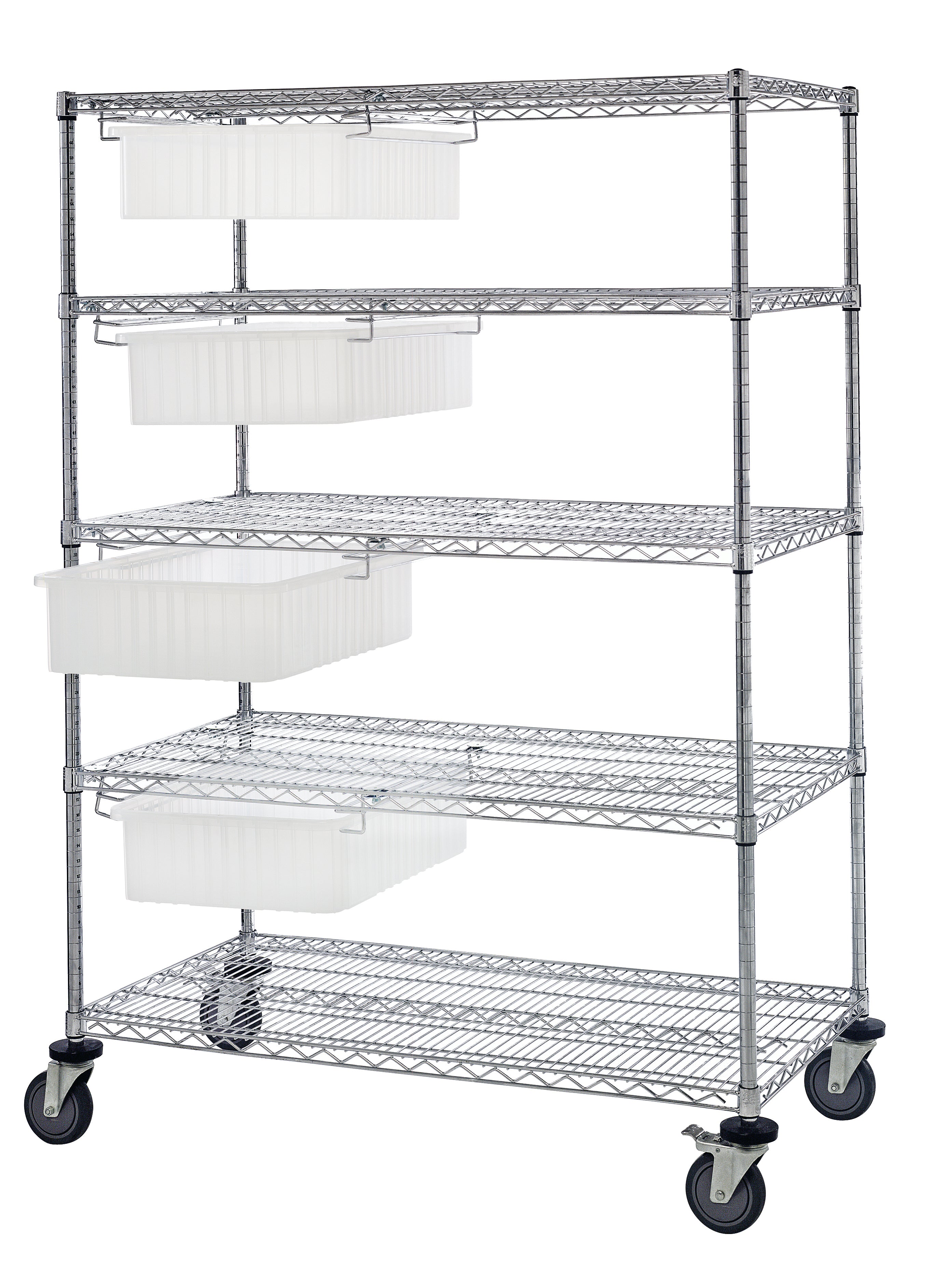 Bin Cart System, 36"W x 24"D x 69"H, 1200 lb. load capacity, (4) modular drawers with dividable grid clear container included (DG92060), chrome plated finish, shipped KD