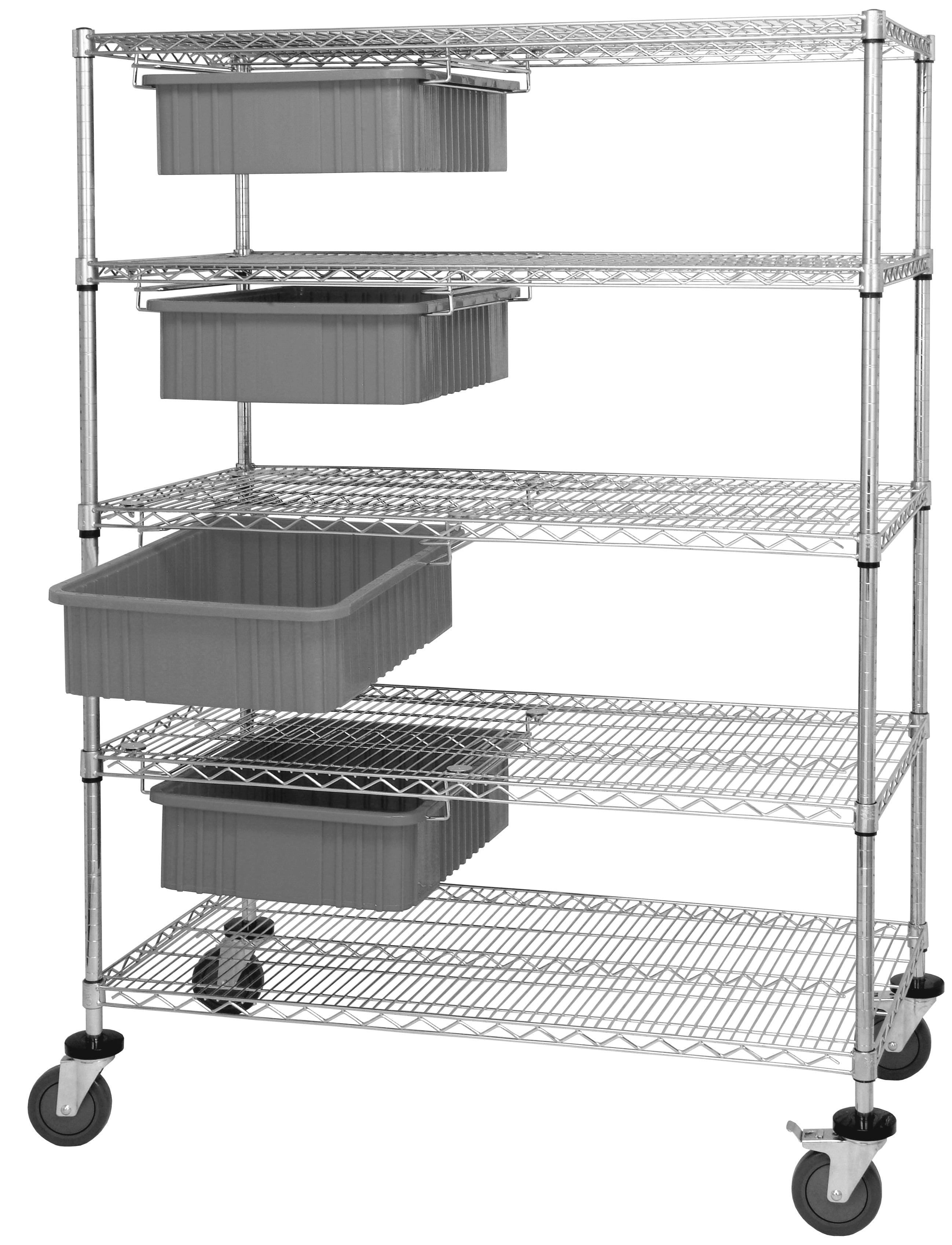 Bin Cart System, 48"W x 24"D x 69"H, 1200 lb. load capacity, (4) modular drawers with dividable grid gray container included (DG92060), chrome plated finish, shipped KD