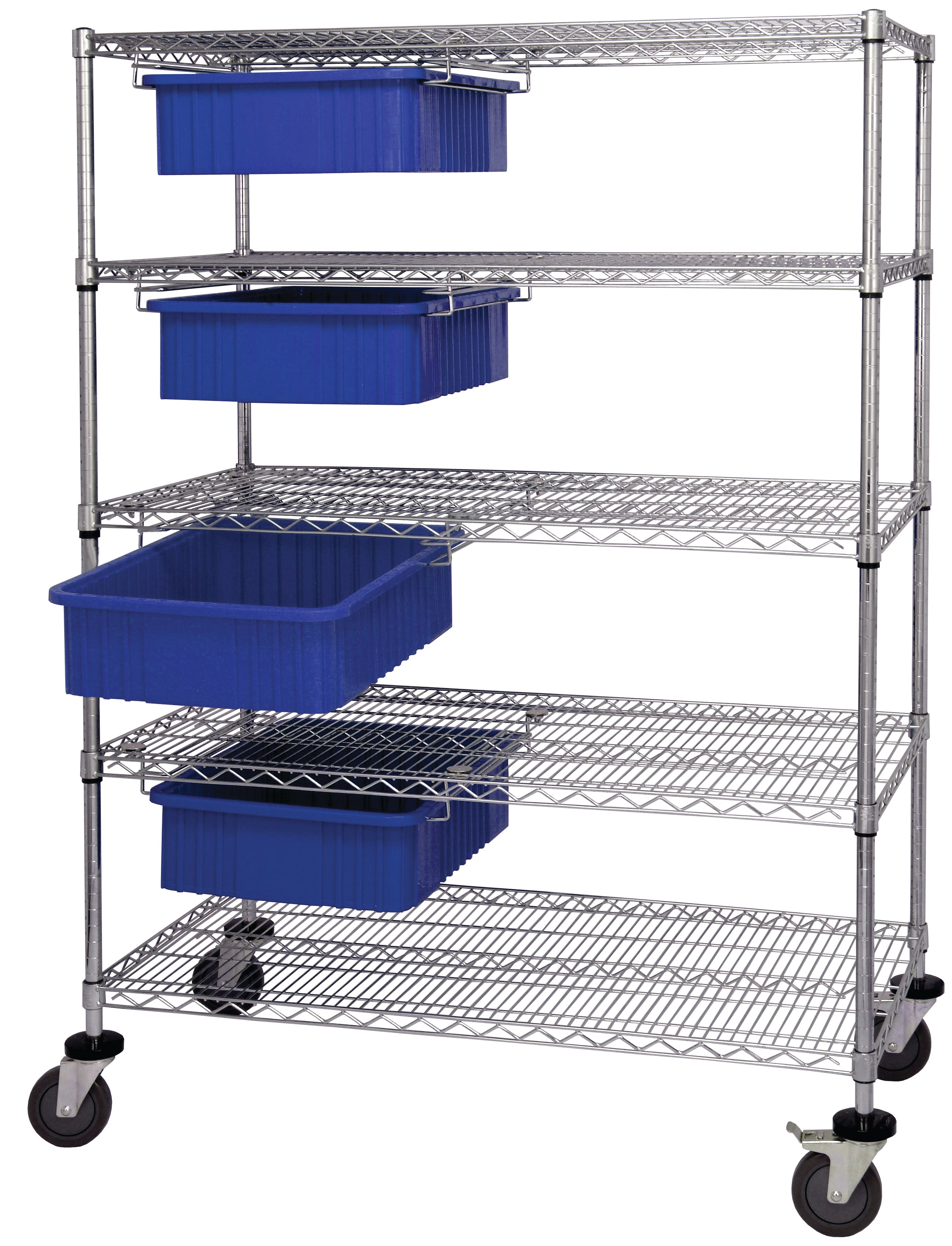 Bin Cart System, 60"W x 24"D x 69"H, 1200 lb. load capacity, (4) modular drawers with dividable grid blue container included (DG92060), chrome plated finish, shipped KD
