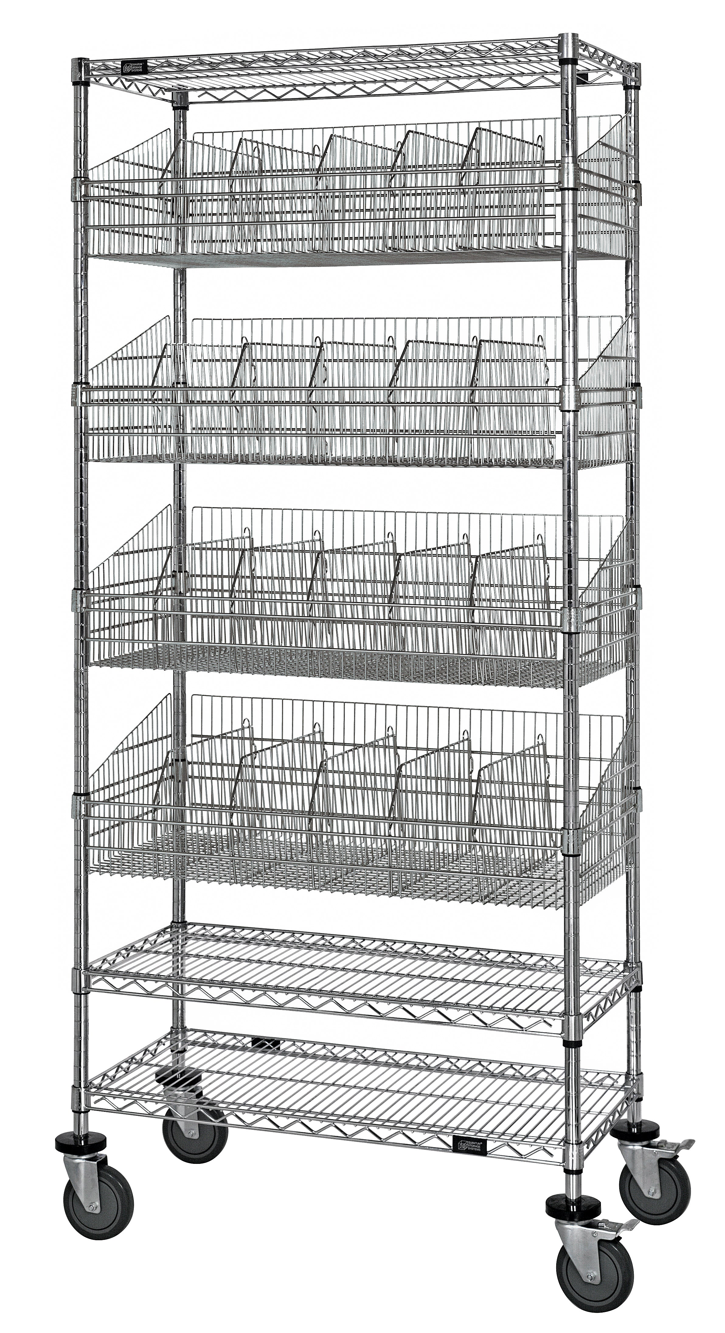 Post Basket Cart, 36"W x 18"D x 80"H, 1200 lbs. load capacity, includes: (3) wire shelves, (4) baskets, (20) dividers, bottom shelf cover and (5) label holders, chrome plated finish, shipped KD