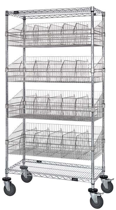Post Basket Cart, 60"W x 24"D x 80"H, 1200 lbs load capacity, includes: (1) wire and (1) solid shelves and (5) baskets, chrome plated finish, shipped KD