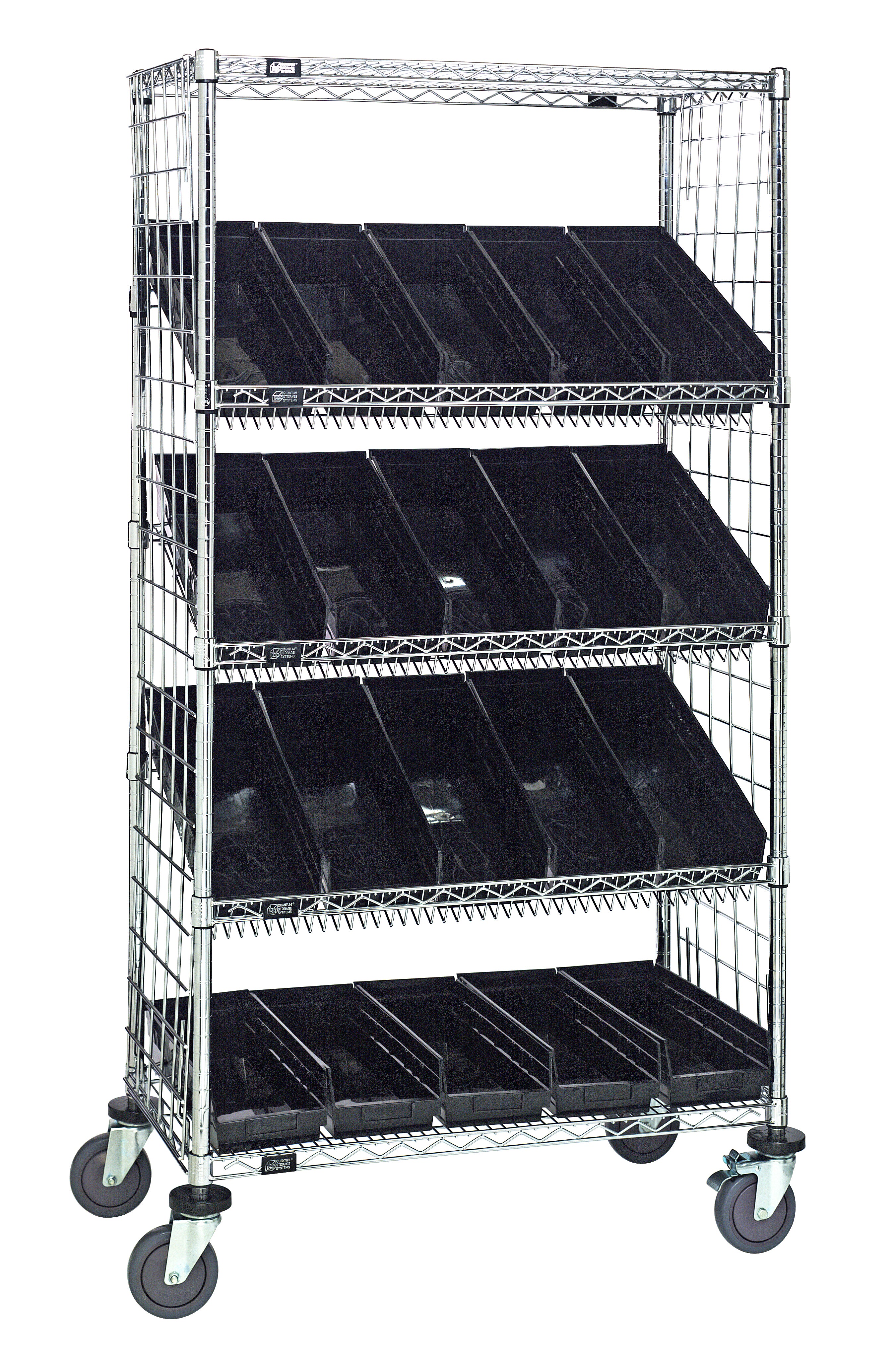 Slanted Shelf Enclosure Cart, 36"W x 18"D x 69"H, 1200 lbs load capacity, includes: (2) flat and (3) slanted shelves, (20) QSB104 black bins and side enclosure panels, chrome plated finish, shipped KD