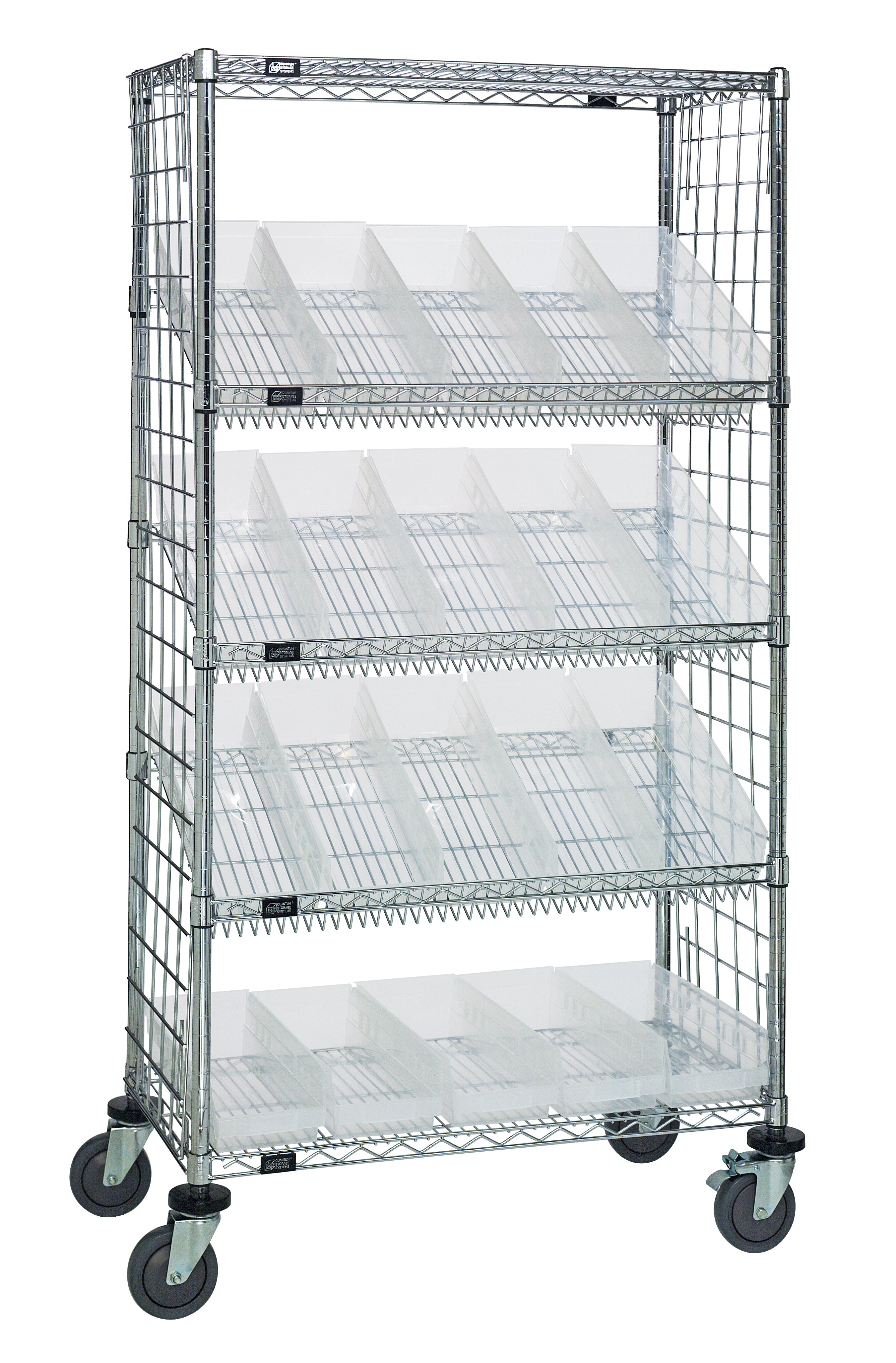 Slanted Shelf Enclosure Cart, 36"W x 18"D x 69"H, 1200 lbs load capacity, includes: (2) flat and (3) slanted shelves, (20) QSB104 clear bins and side enclosure panels, chrome plated finish, shipped KD