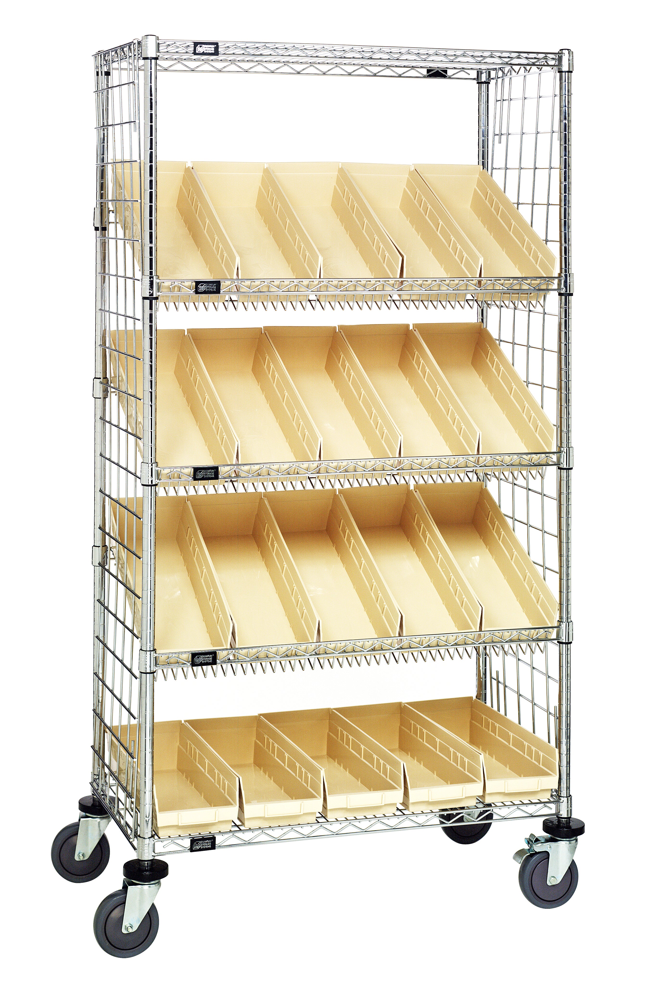 Slanted Shelf Enclosure Cart, 36"W x 18"D x 69"H, 1200 lbs load capacity, includes: (2) flat and (3) slanted shelves, (20) QSB104 ivory bins and side enclosure panels, chrome plated finish, shipped KD